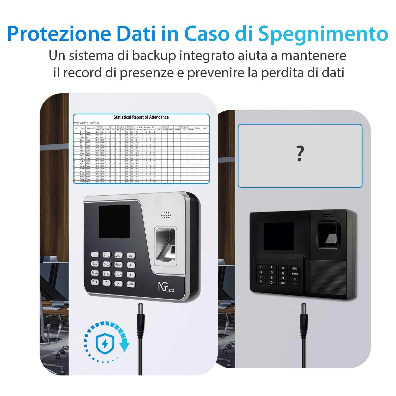 NGTeco Rilevatore Presenze con Modulo di Impronte Digitali, Funzione di Calcolo Automatico, Nessuna Tassa Mensile AS10（Italiano）