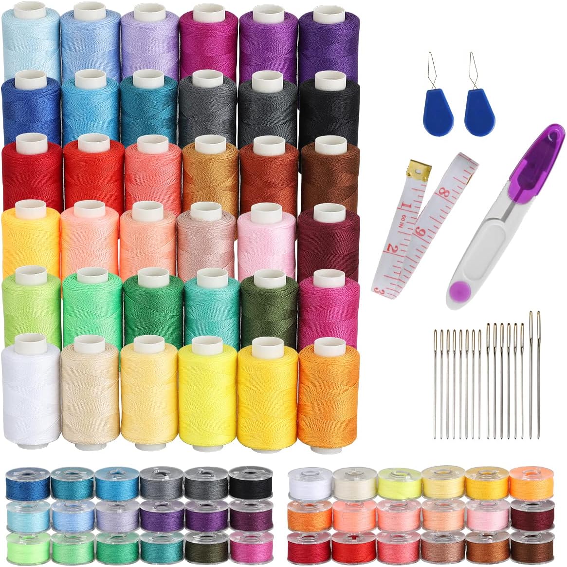 Blibly 72Pcs Bobbins Sewing Thread Kits, 500 Yards Per Polyester Thread Spools with Needle, Threader, Scissors and Ruler, Prewound Bobbin with Case for Hand and Sewing Machine,36 Colors
