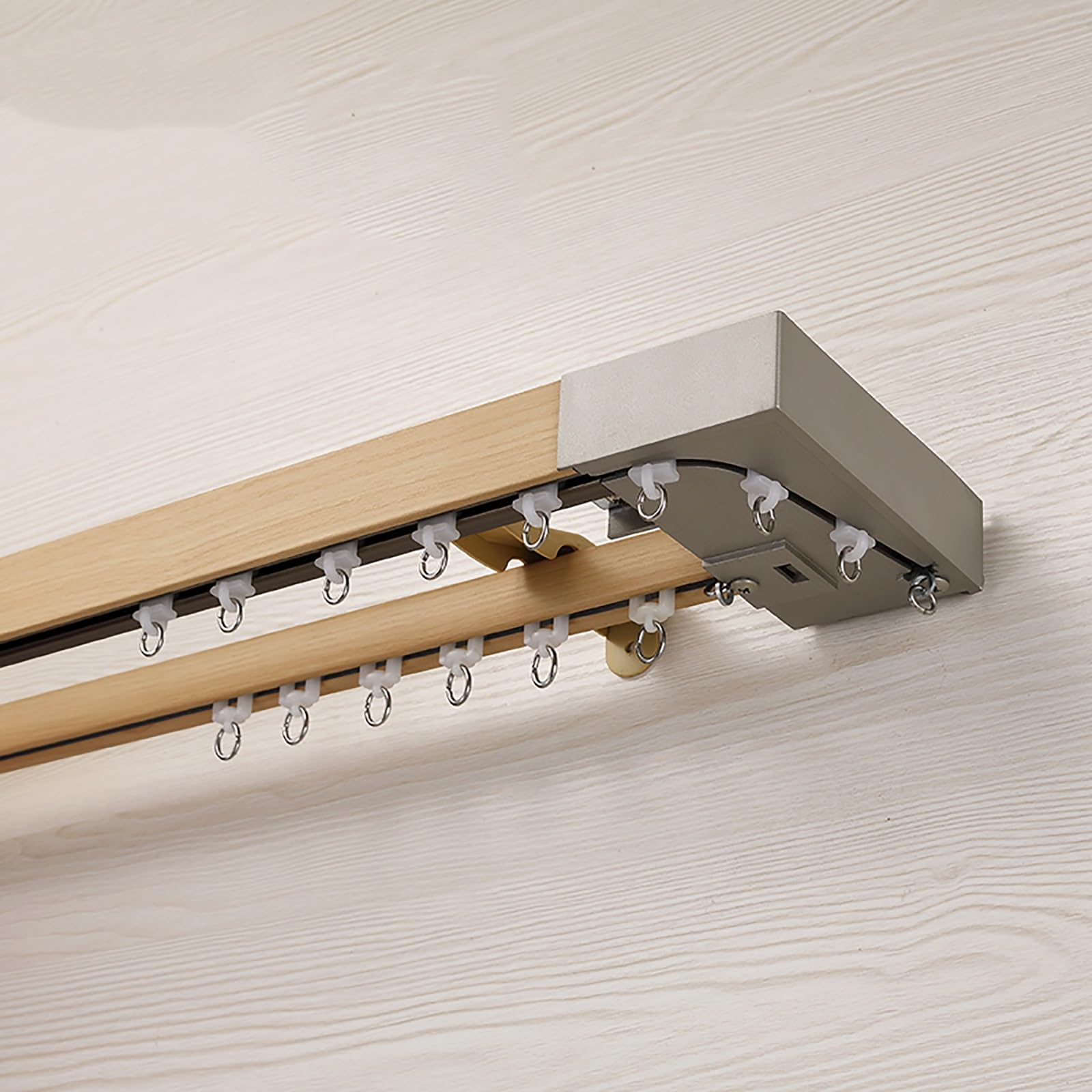 Wall Mounted Curtain Rail,Silent Curtain Track;imitation Wood Grain Curtain Box Track Side Mounted Slider Aluminum Alloy Straight Rail Single and Double Pulley Curtain Rod(A-Double Track,8.2ft/250cm)