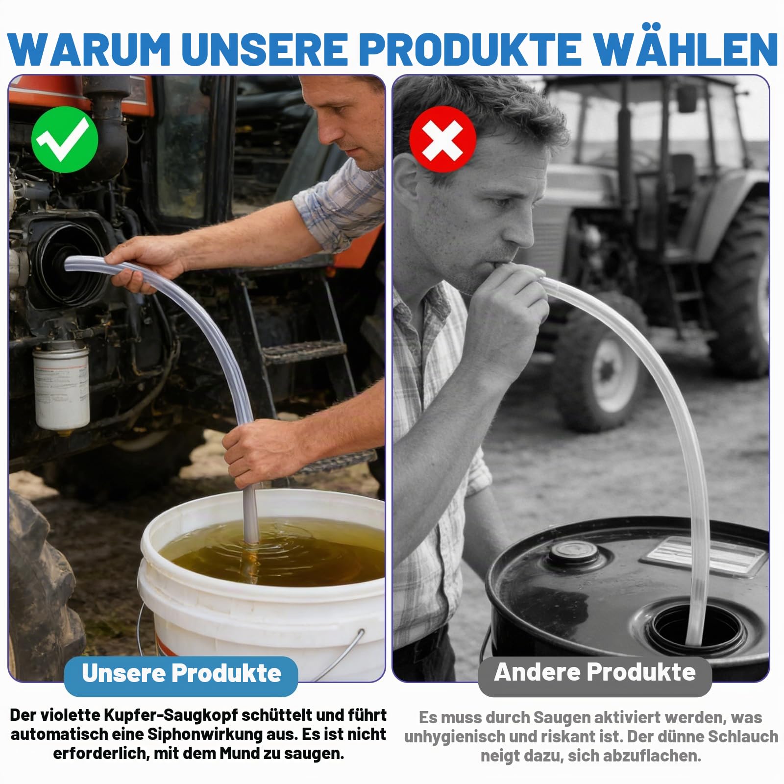 Schüttelschlauch und Schlauchpumpe, selbstansaugend, 180 cm | 180 cm selbstansaugender Schüttelschlauch zum Umfüllen von Wasser, Diesel, Benzin oder Öl; Materialverträglichkeit prüfen.