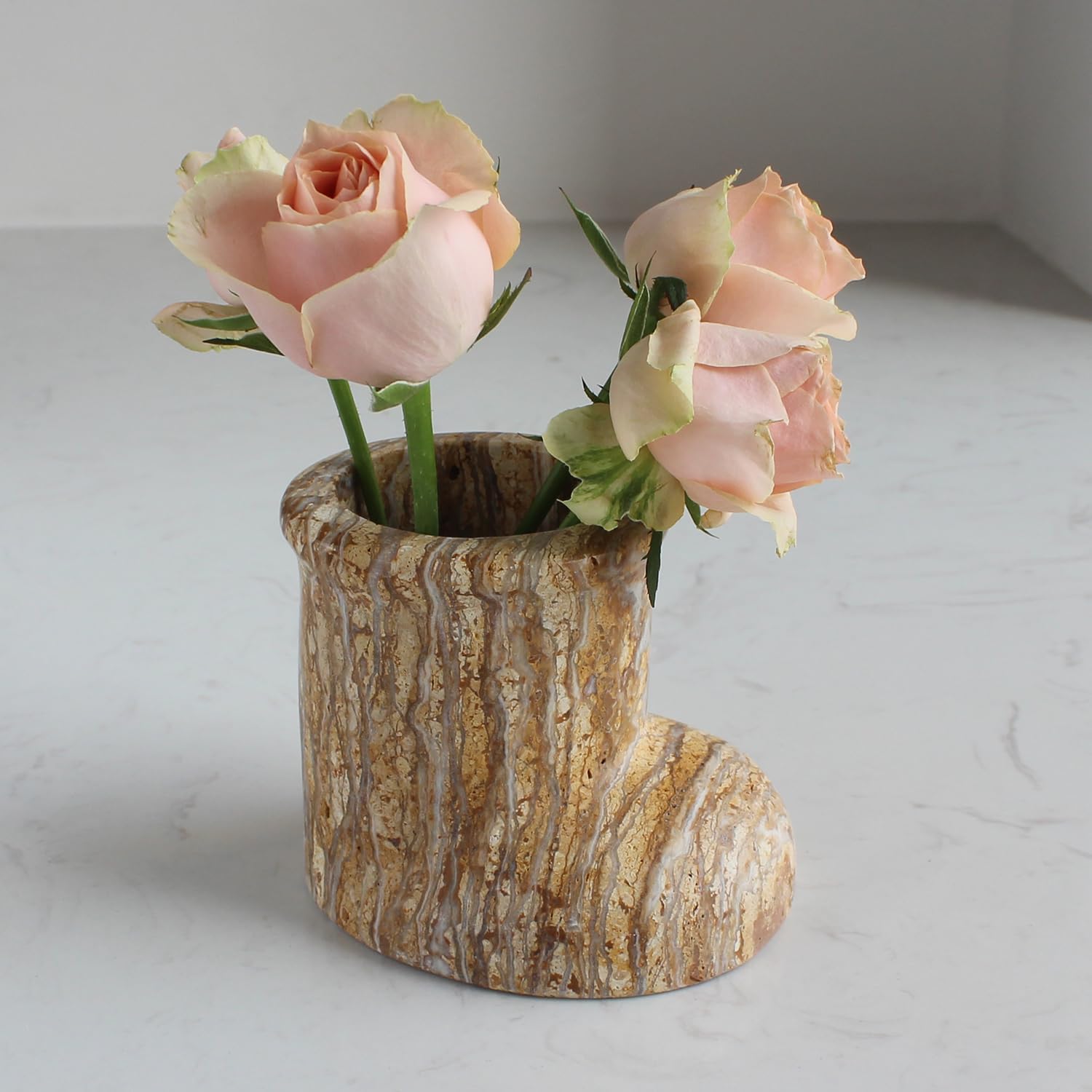 Christmas Santa Boot Desk Organizer, Genuine Marble Multifunctional Decor - Candle Holder, Mini Vase, Pen Pot, Makeup Brush Holder, Christmas Decoration for Tabletop Fireplace (Yellow Marble)