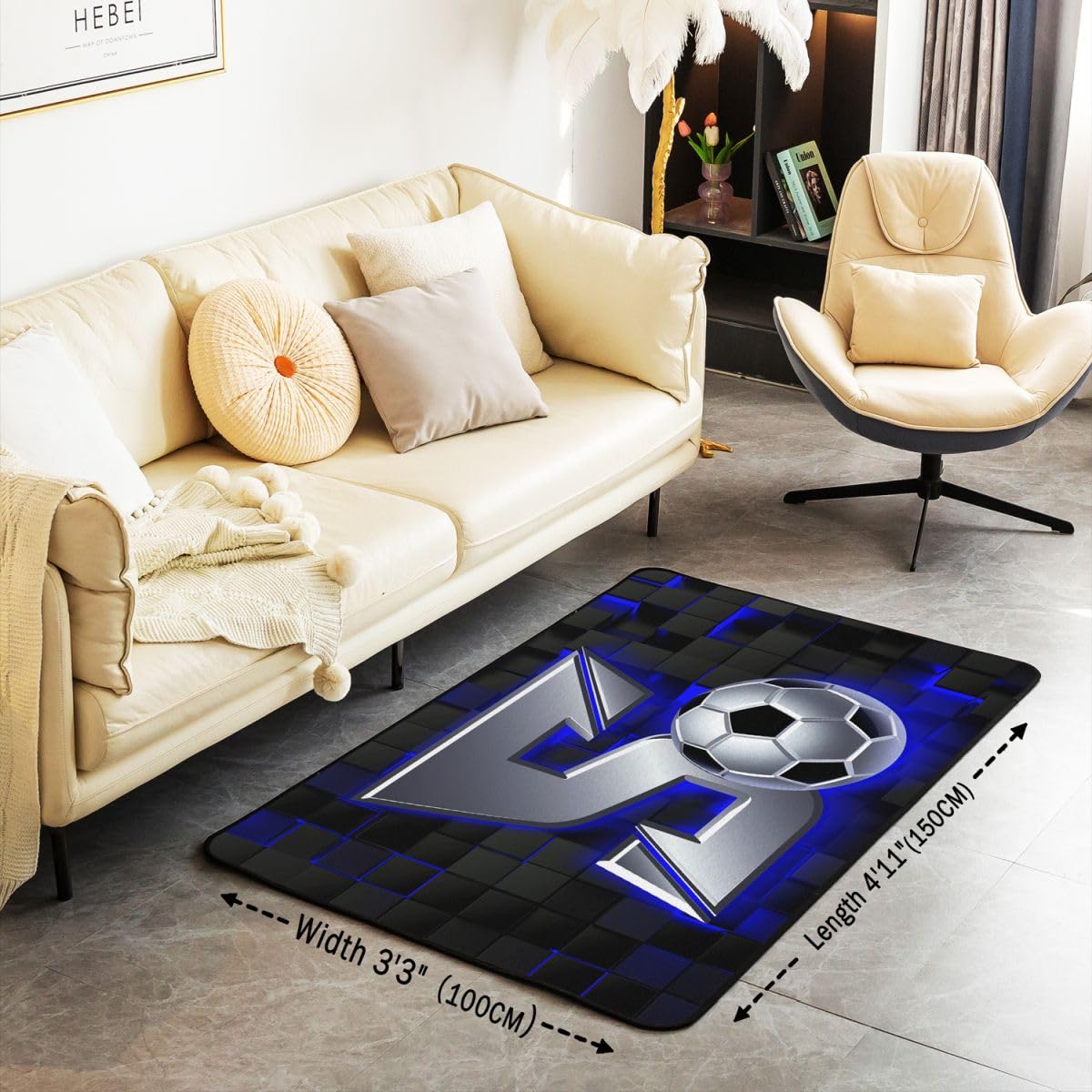 Homewish Dywaniki do piłki nożnej 100 x 150 cm - piłka nożna litera S dywan do salonu neonowy czarny niebieski gracz w kratkę nie gubi włosia dywan gry sportowe duże dywany piłka nożna dekoracja