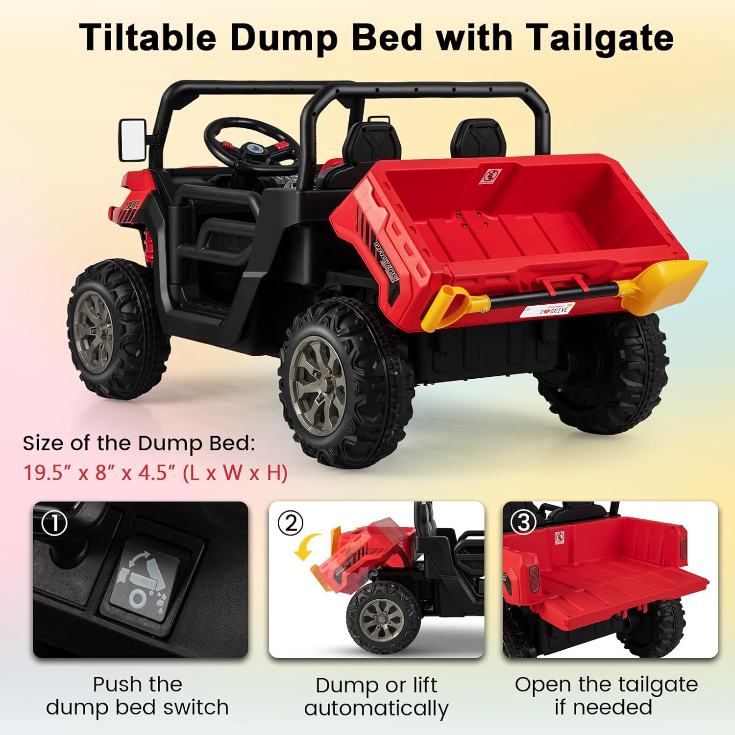 Costzon 24V Ride on Car, 2-Seater Electric Dump Truck w/Remote Control, Dump Bed & Shovel, 4 Spring Suspensions, Kids UTV w/Dual RPM20000 Motors, Music, Wireless Design, Electric Car for Kids (Red)