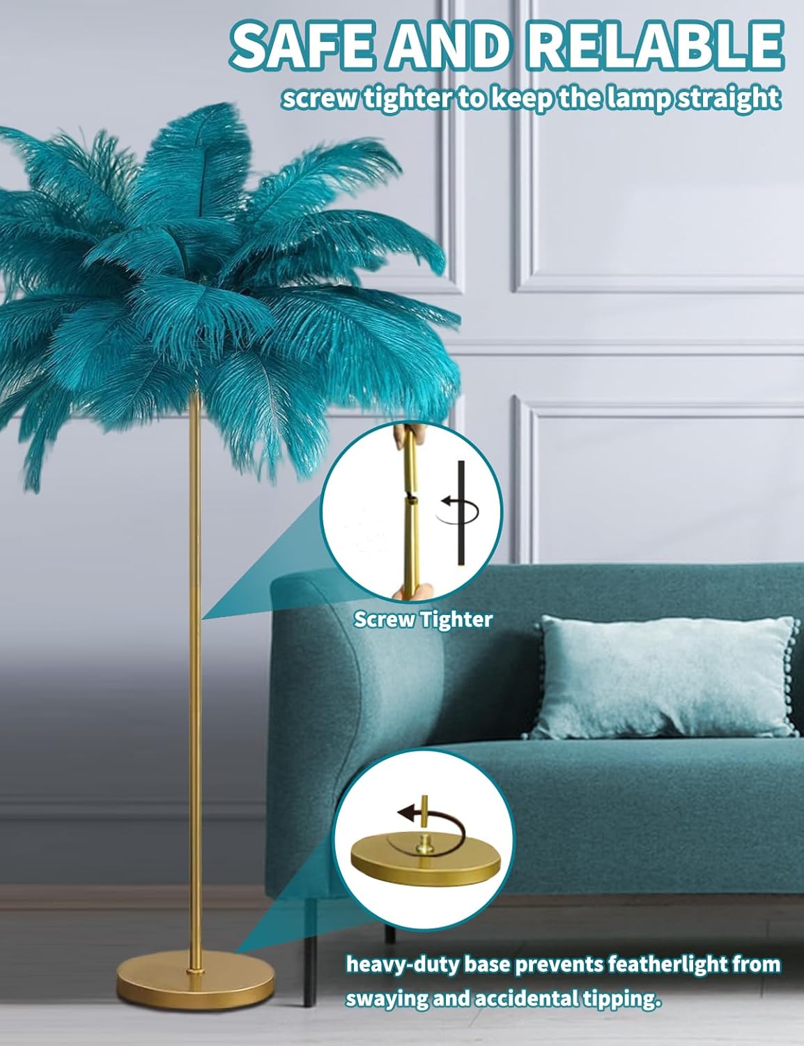 Feather Floor Lamp,Fluffy Ostrich Feather Floor Lamp for Bedroom,3 Color Temperatures Led Corner Modern Floor Lamps for Living Room Christmas Home Decor House Warming Gifts,63″ Height,50 Piece(Blue)