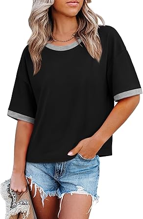 WIHOLL Womens T Shirts Loose Fit Short Half Sleeve Crew Neck Oversized Tshirts Color Block Summer Tops Fashion 2026