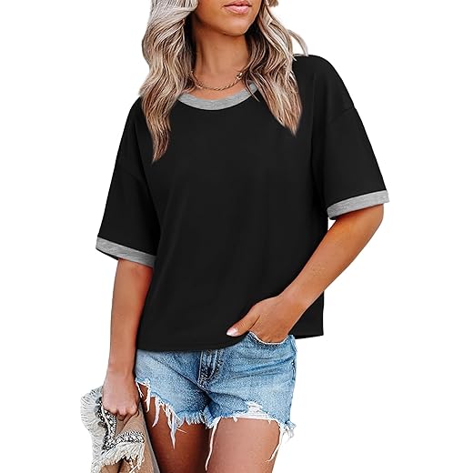 WIHOLL Womens T Shirts Loose Fit Short Half Sleeve Crew Neck Oversized Tshirts Color Block Summer Tops Fashion 2026