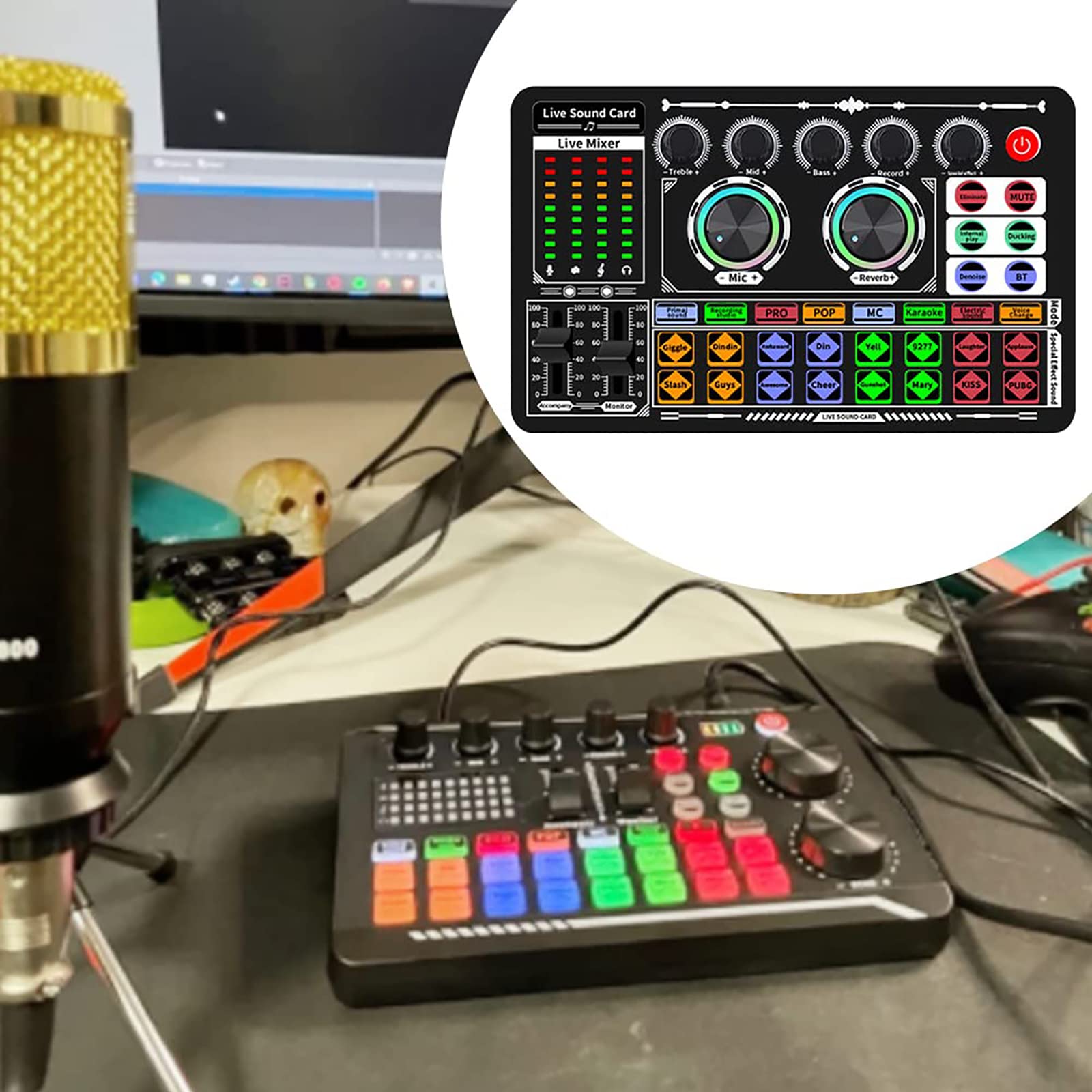 TsoLay Mixer Audio Stereo Bluetooth, Scheda Audio Live con Riduzione del Rumore con Effetti Mixer DJ E Cambio Voce E Interfaccia Audio, per Streaming, Podcast, Giochi, PC, Studio Di Registrazione