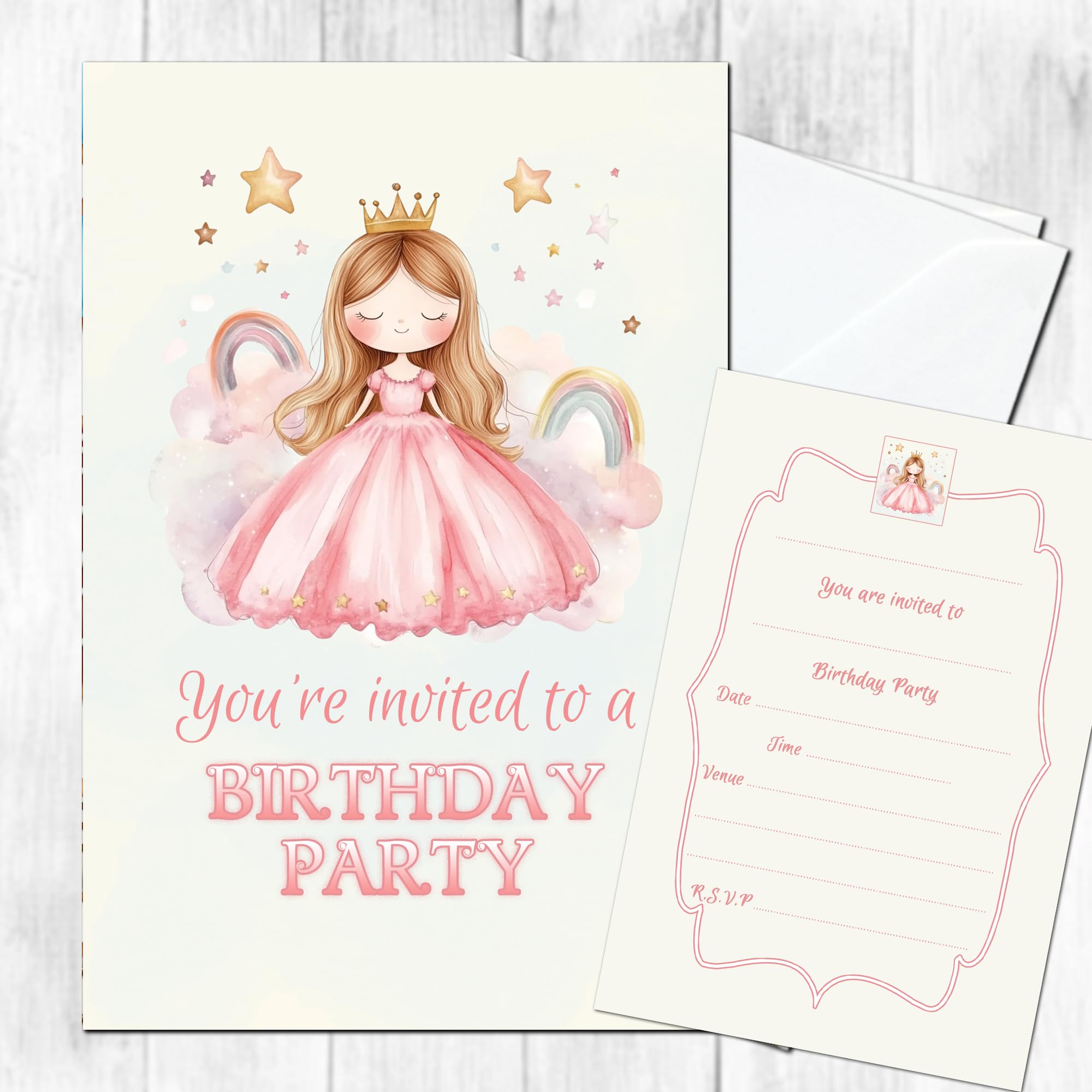 Girls Party Invites Princess Unicorn Rainbow (WRITE ON) Birthday Party Invitations (Princess Pack of 12 with envelopes) — image 1