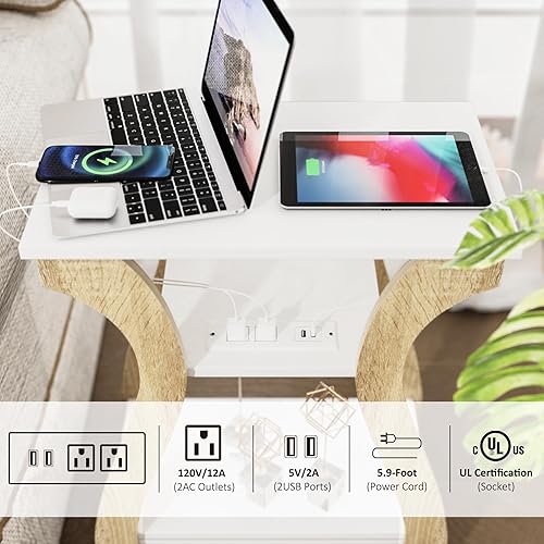 Miniatura 7 de FROMJBEST Mesa auxiliar con estación de carga, mesa auxiliar con puertos USB y tomacorrientes, mesita de noche, mesa auxiliar de 3 niveles con