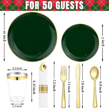 KIRE 350PCS Green Plates Disposable - Heavy Duty Green and Gold Plates - 50Guest Include Green Plastic Dinnerware - Pro Rolled Napkins with Gold Silverware and Cups for 2026 FIFA World Cup&Party
