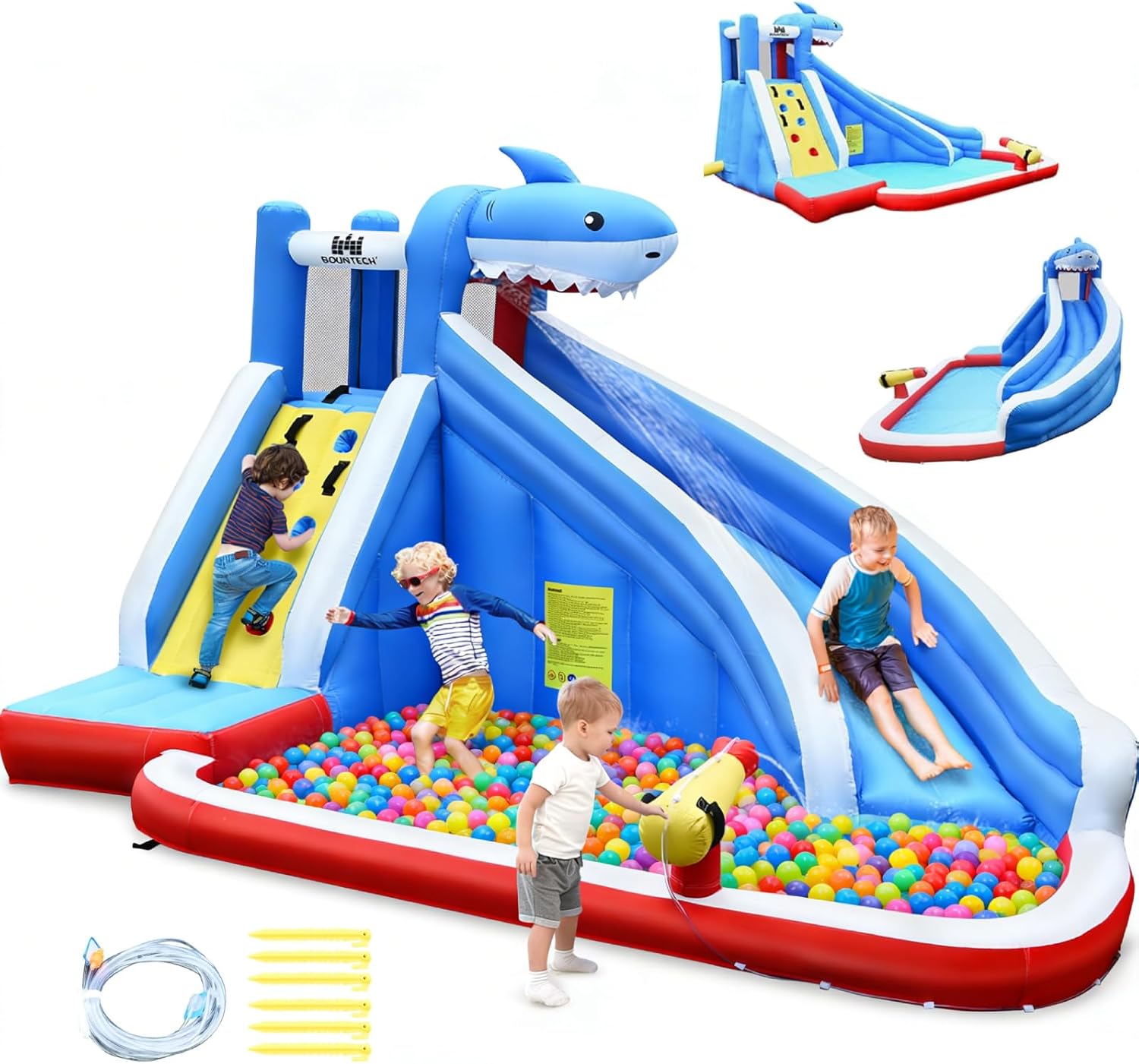 BOUNTECH Inflatable Water Slide, Shark Water Slide Park Jump Castle Bounce House w/Long Slide, Climbing, Water Cannon, Splash Pool, Backyard Blow up Shark Water Slides Inflatables for Kids Outdoor