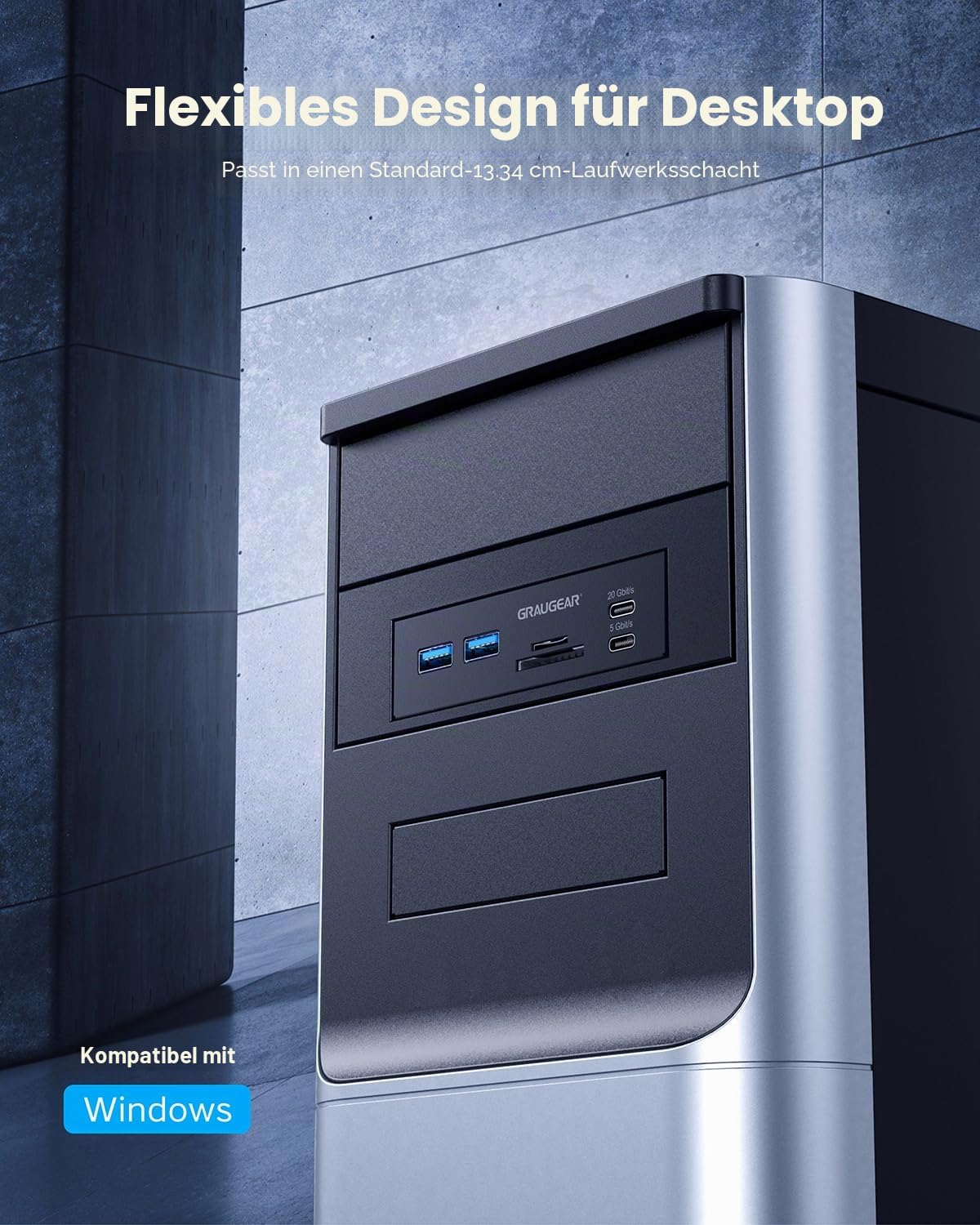 GRAUGEAR 5,25 Zoll PC Frontpanel m. SD Kartenleser & HUB & SSD Einbaurahmen | PC Gehäuse Frontpanel mit SD Kartenleser & 4-Port USB 3.2 HUB, USB-C 20 Gbit/s, SSD Einbaurahmen für 2x 2,5" SATA SSD intern