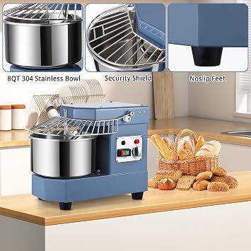 Commercial Dough Mixer 8Qt, 450W Dual Rotating Dough Kneading Machine with Stainless Steel Bowl, Security Shield & Timer, Heavy-Duty Commercial Stand Mixer for Bakeries Pizzeria