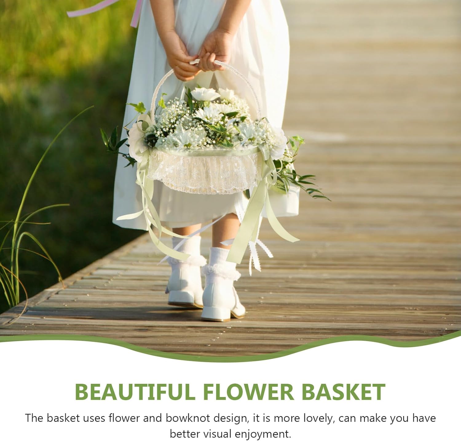 VALICLUD Wedding Flower Girl Basket with Bowknot Handheld Portable White Faux Rose Basket for Wedding Party Ceremony Supplies