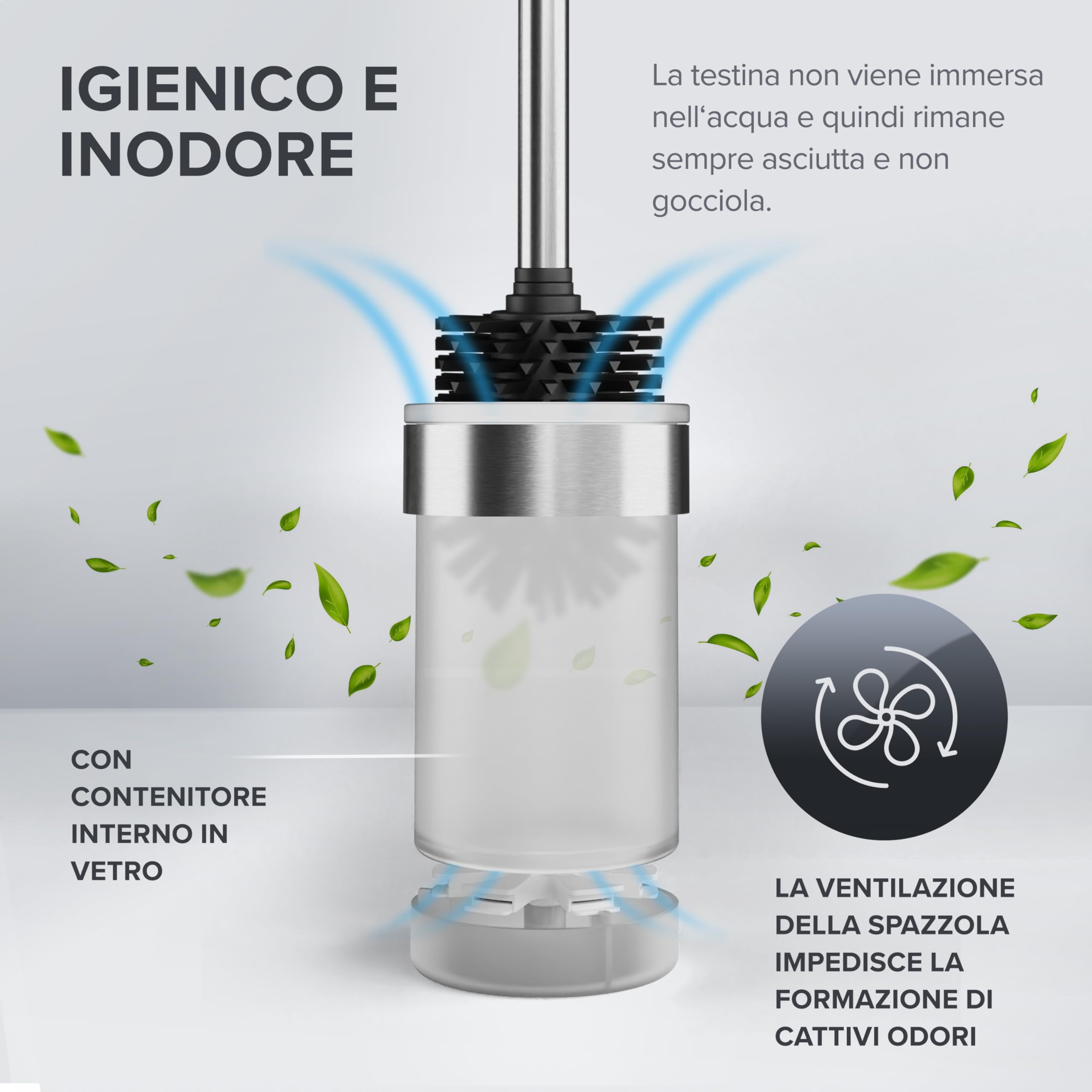 Ovimar Scopino WC | Argento | Montaggio a Parete con Forature | Spazzola per WC in Silicone | Funzione di Ventilazione | Acciaio Inox