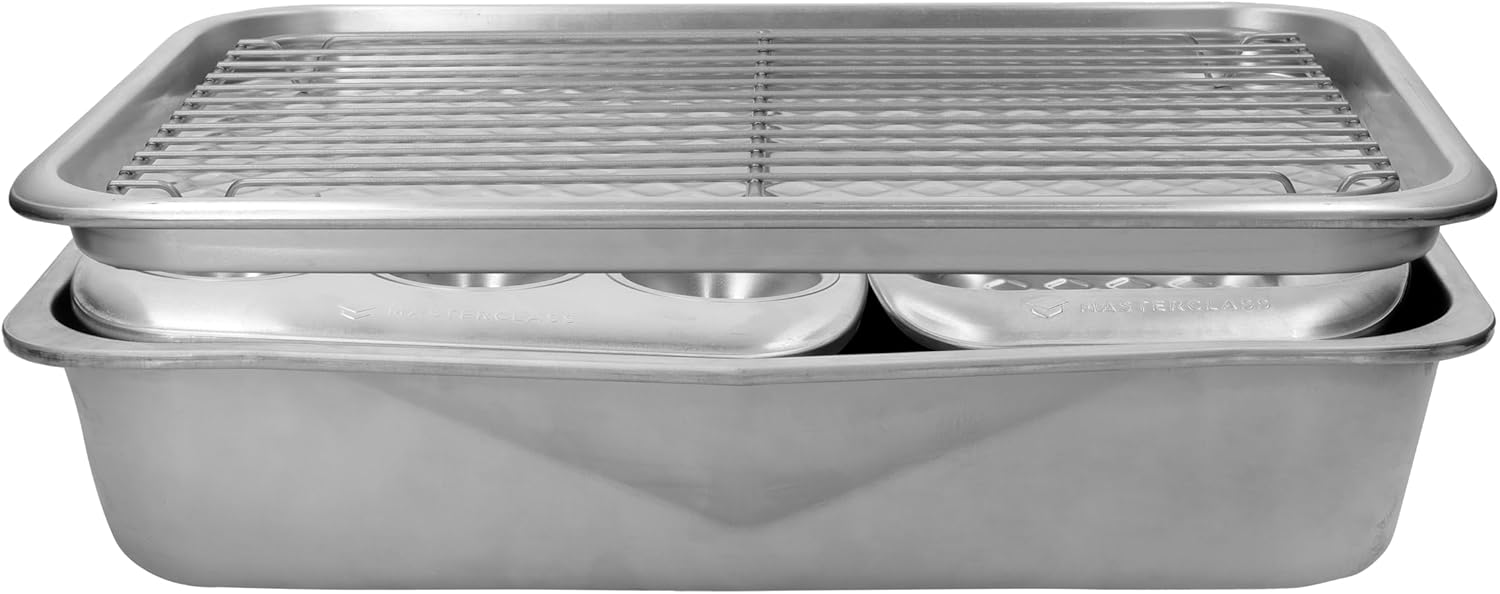 MasterClass Recycled Aluminum 5pc Baking Set, Stacking Bakeware Set with Roaster, Muffin Pan, 2lb Loaf Tin, Baking Tray & Wire Cooking Rack