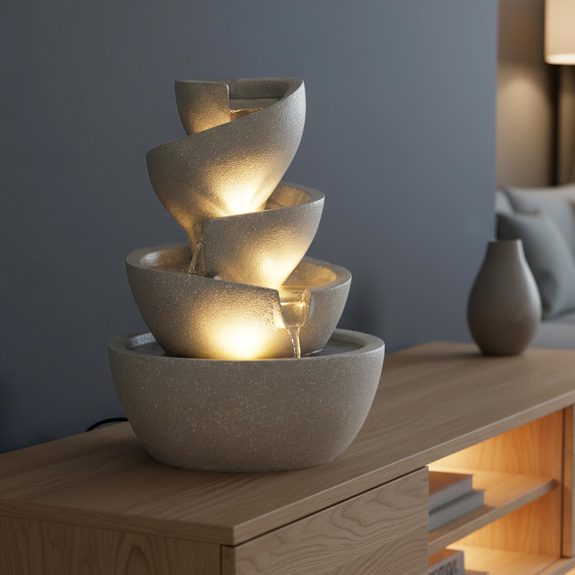 LED Zimmerbrunnen Springbrunnen Innen- & Außenbrunnen aus Polyresin, 39 cm hoch, mit warmweißen LED-Spots, Gartenbrunnen – Deko Brunnen für Wohnzimmer, Büro & Garten