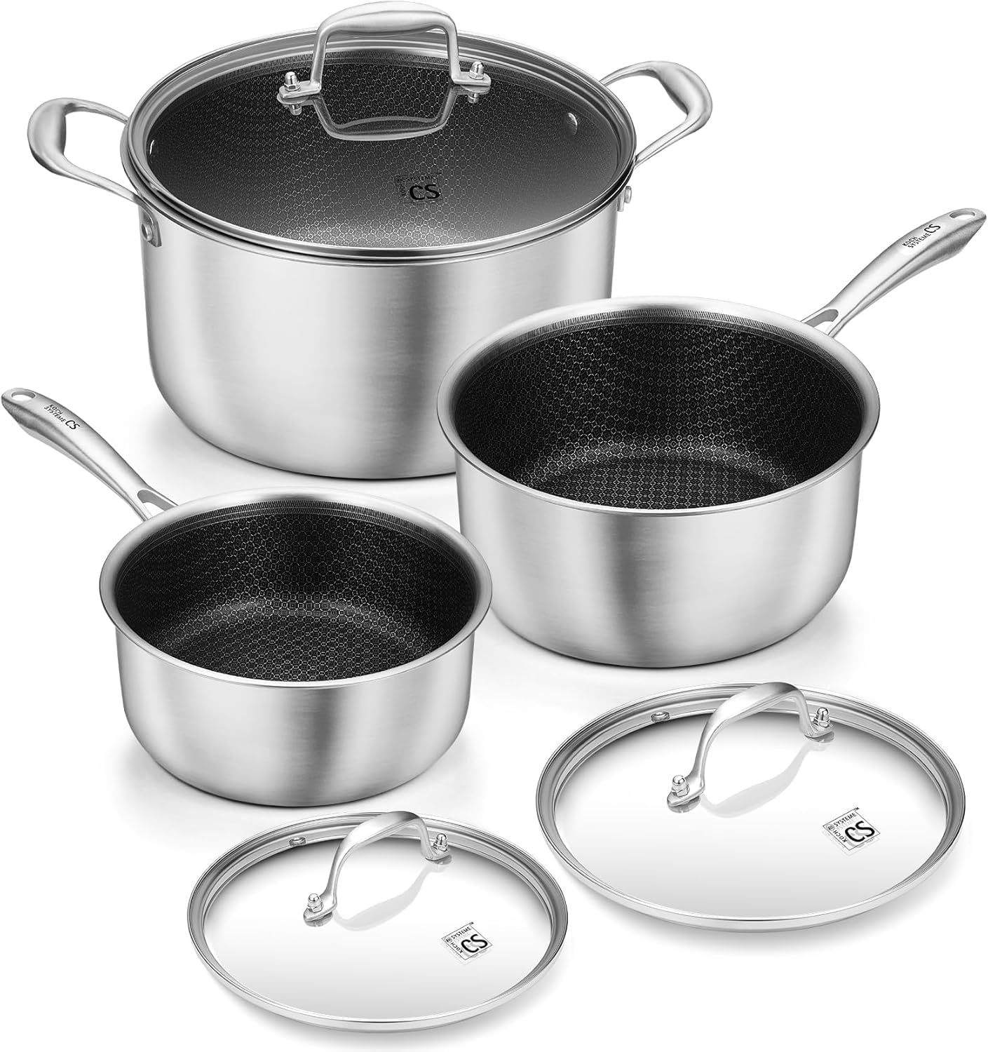 KOCH SYSTEME CS Edelstahl-Topfset 6-teilig mit Glasdeckel,18/20/26 cm, Edelstahl-Kochtopf-Set mit Hybrid-Antihaftbeschichtung, Kochtopf Induktion, Spülmaschinengeeignet, 2L/2.8L/7.5L