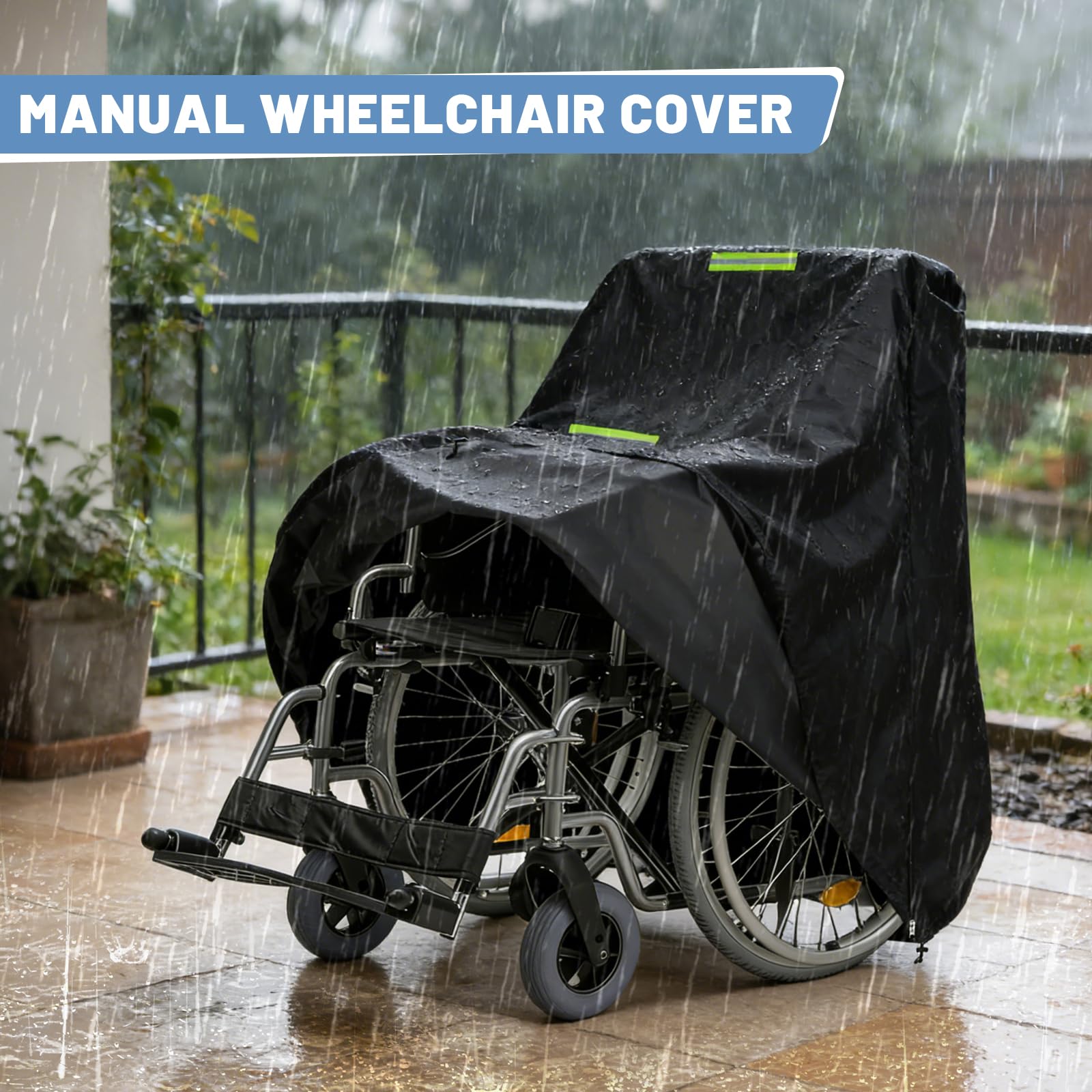 Funda para silla de ruedas manual, Funda protectora para silla de ruedas, Oxford 600D impermeable para bicicleta, scooter, scooter de movilidad , con franja fluorescente,100*100*75cm (Black)