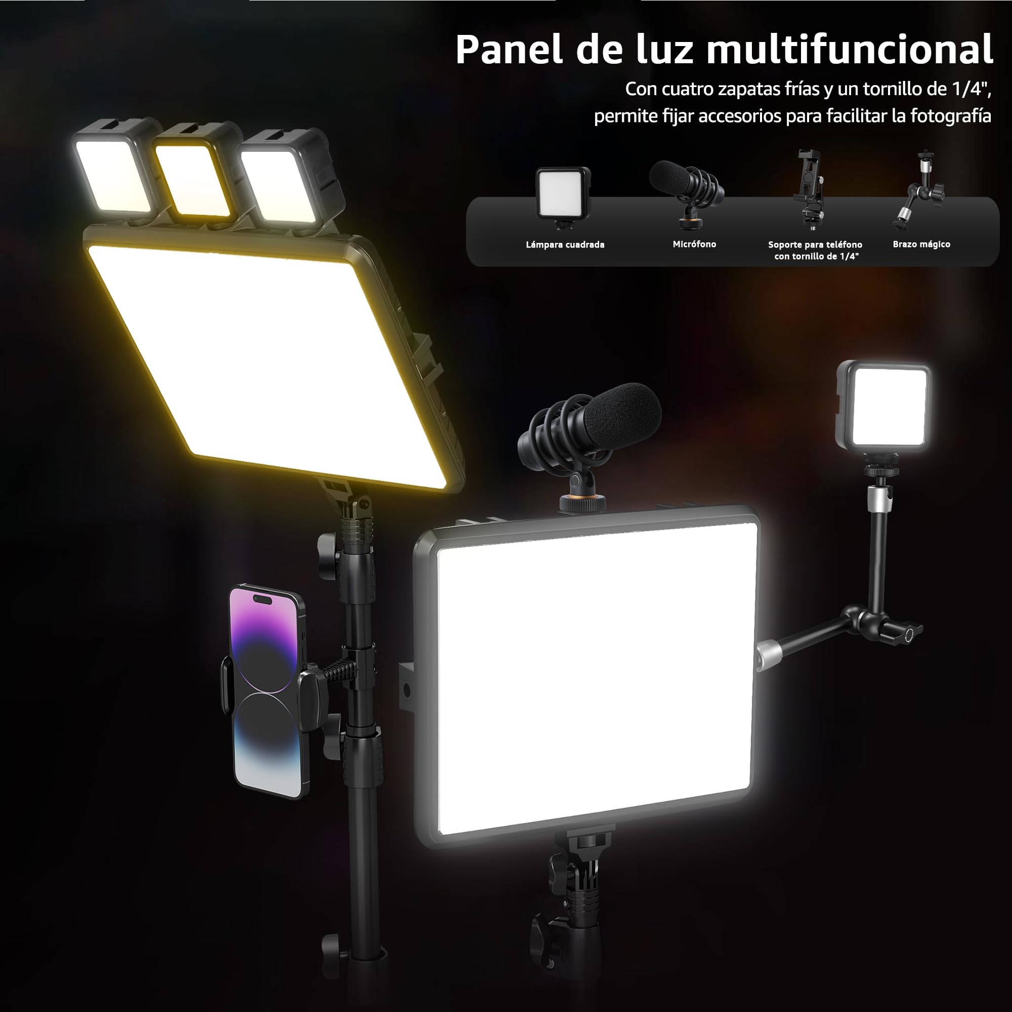 2 Paquete Luz Fotografia LED Kit de Video, 25 cm*20 cm Fotografía LED de 2800-6500 K, 175 cm Estudio Regulable con Soporte de Trípode y Soporte para Telé para Filmación/Zoom/Videoconferencia/TikTok
