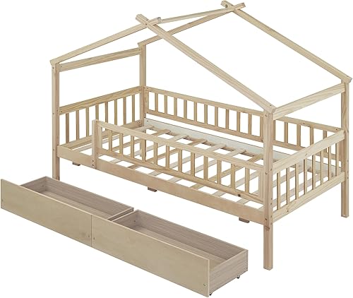 Miniatura 4 de Cama de casa de tamaño individual con 2 cajones, marco de cama de madera y barandilla de seguridad. Ahorra espacio, ideal para el dormitorio de un