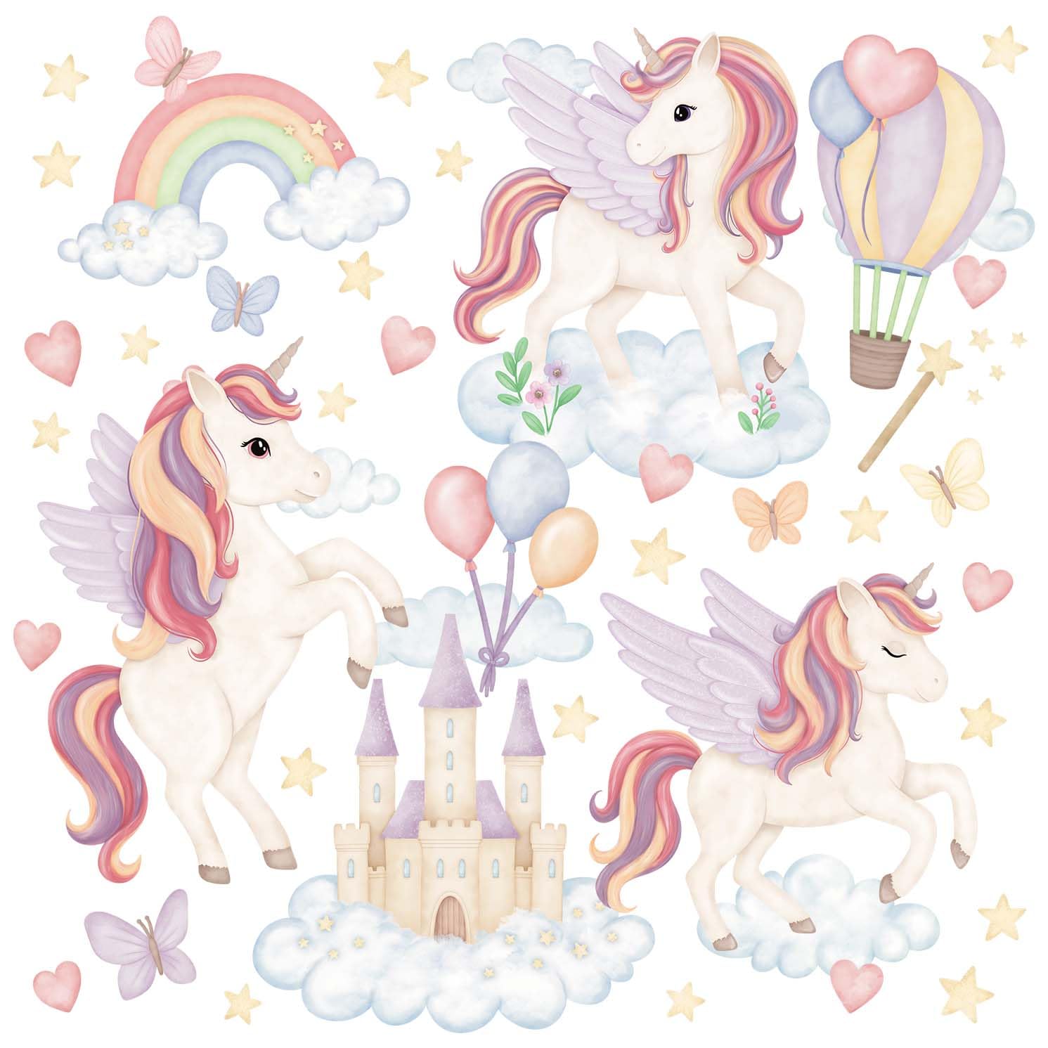 Wandtattoo Kinderzimmer Einhörner - Kinderzimmer Deko 50 separate Aufkleber - Wandtattoo Kinderzimmer Sicher für Kinder - Wanddeko Pastellfarbene, Rosa, Violette - Magische Einhörner