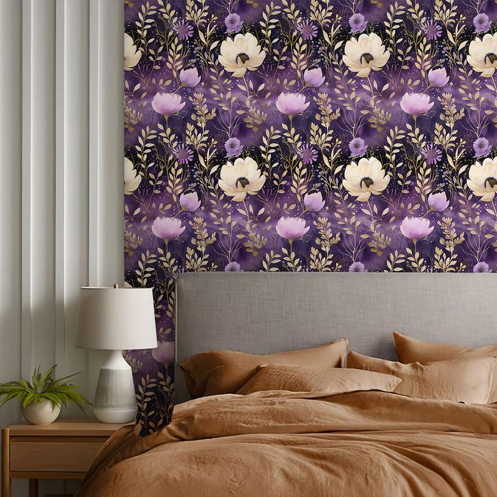 REDAMANCY Vintage Golden Purple Flower Poppy Daisy Luxury Retro Boho Peel and Stick Wallpaper Vintage Wall Paper Stick on Contact Paper Easy Peel Off for nightstand Drawer Renter Friendly 17.7"x236"