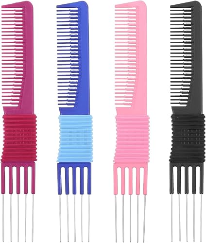 LANCI Teasing Hair Combs with Metal Prong Pick, 4 Pcs Salon Backcombs for Volume Lifting, Fluffing and Styling