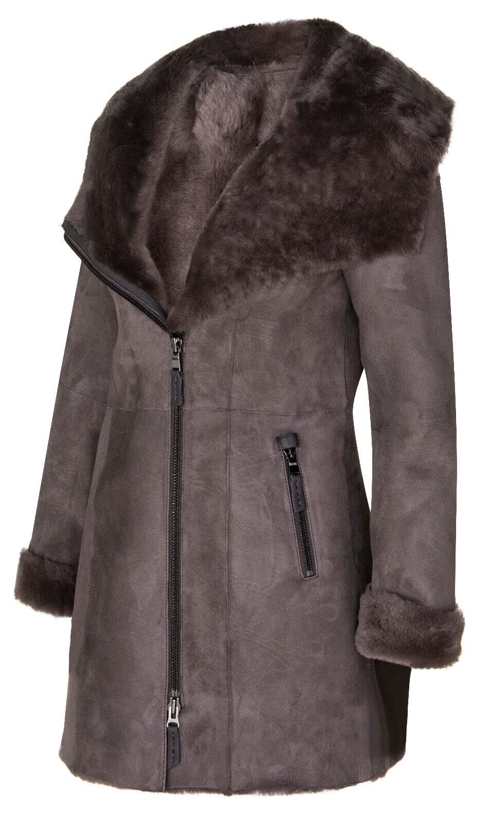 Infinity Leather Damen Mantel aus Shearling-Schaffell Merino Veloursleder mit Kapuze