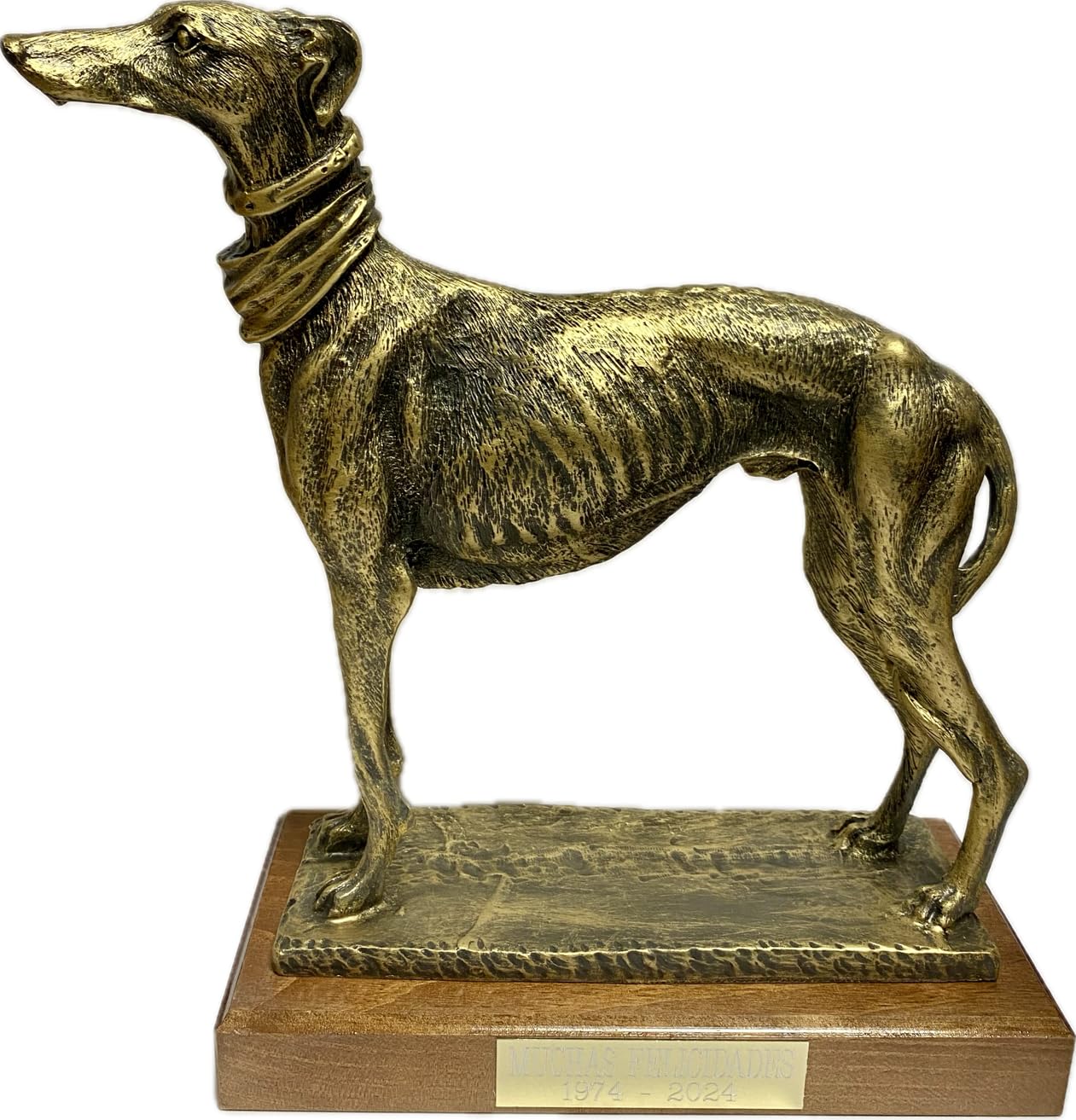 Figura Galgo GRABADA Escultura Personalizada con Nombre Perro de Resina Dorada y pena de Madera
