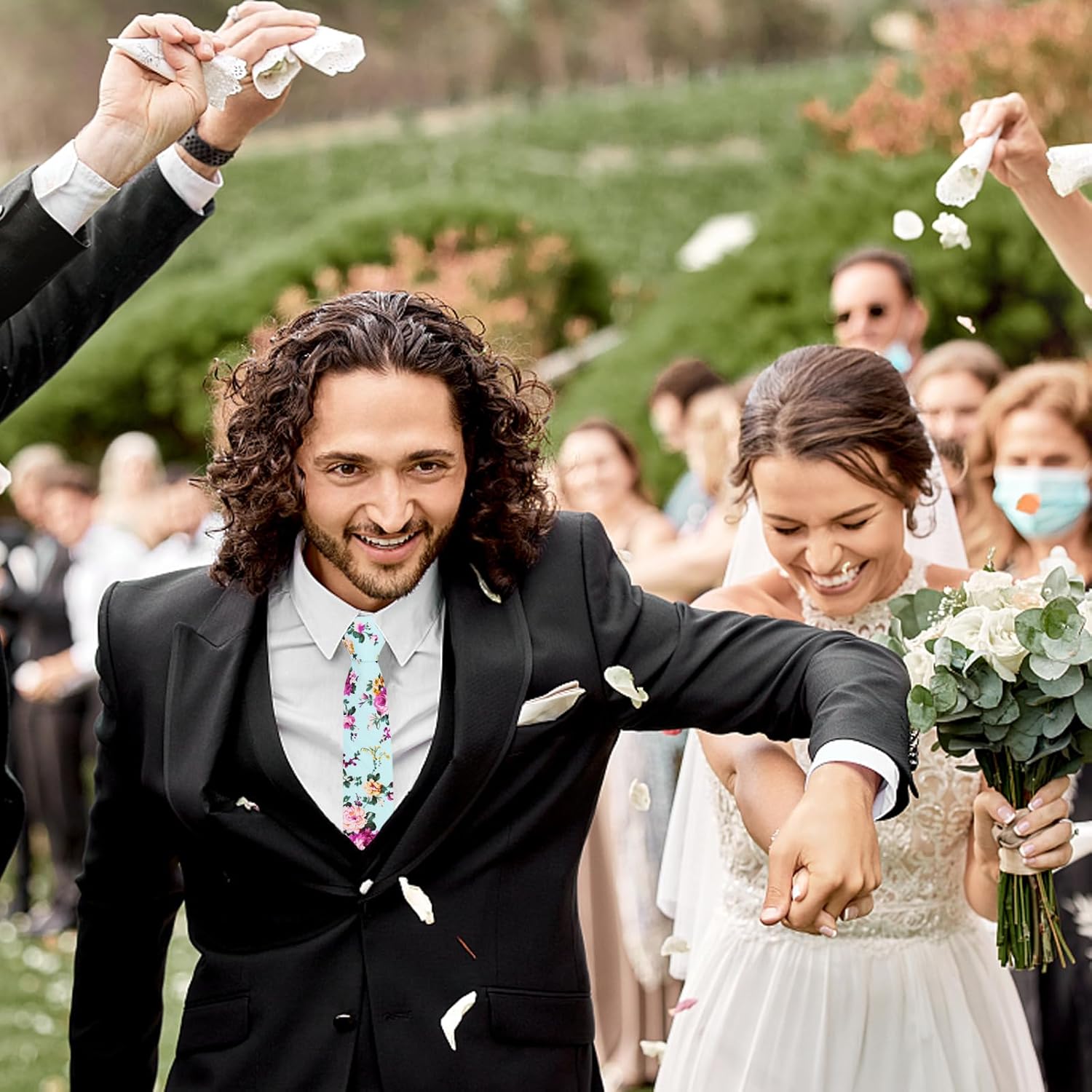 Mantieqingway Men's Cotton Printed Floral Neck Tie Skinny Tie Green Floral