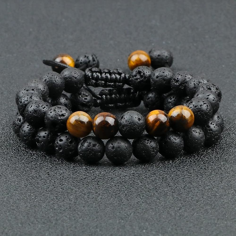 Bracciale Uomo Fai Da Te In Pietra Naturale Occhio Di Tigre E Corona Nera Con Zirconi - Regolabile