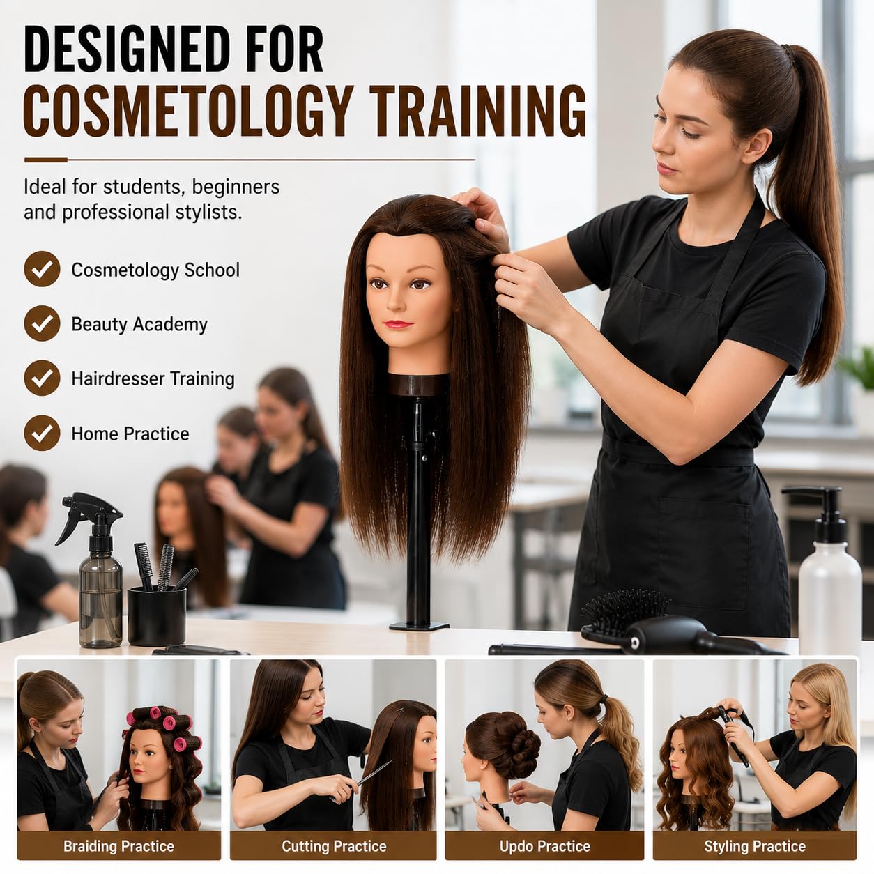 Mannequinkopf mit 100% menschlichem Haar, Echthaar Kosmetologie Mannequinkopf Haar Styling Friseurpraxis Training Puppenkopf mit Klemmhalter 16" Dunkelbraun