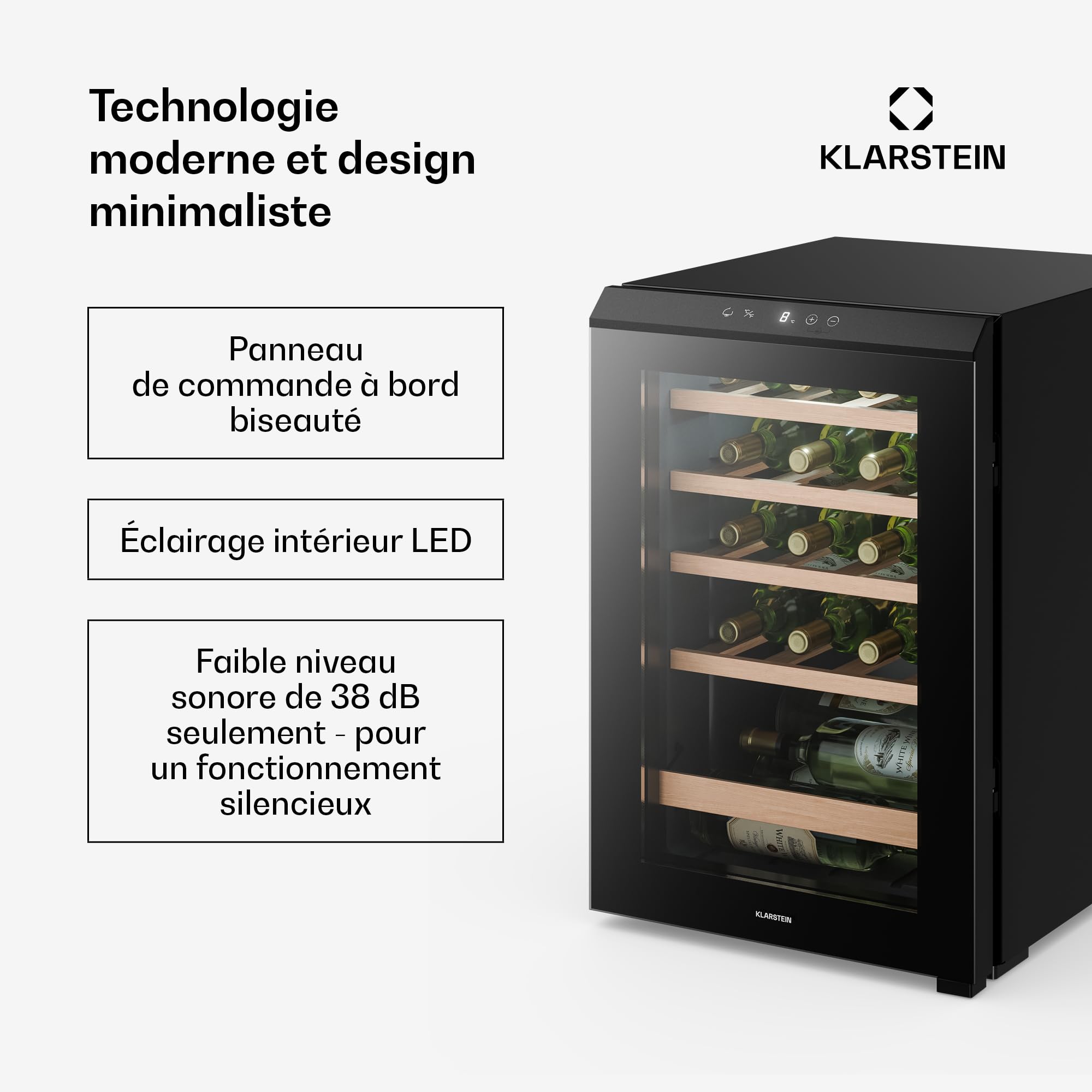 KLARSTEIN Bevora Réfrigérateur à vin 20 bouteilles – Cave à vin sur pied, commande tactile 4-18 °C, porte vitrée anti UV, éclairage LED, clayettes en bois