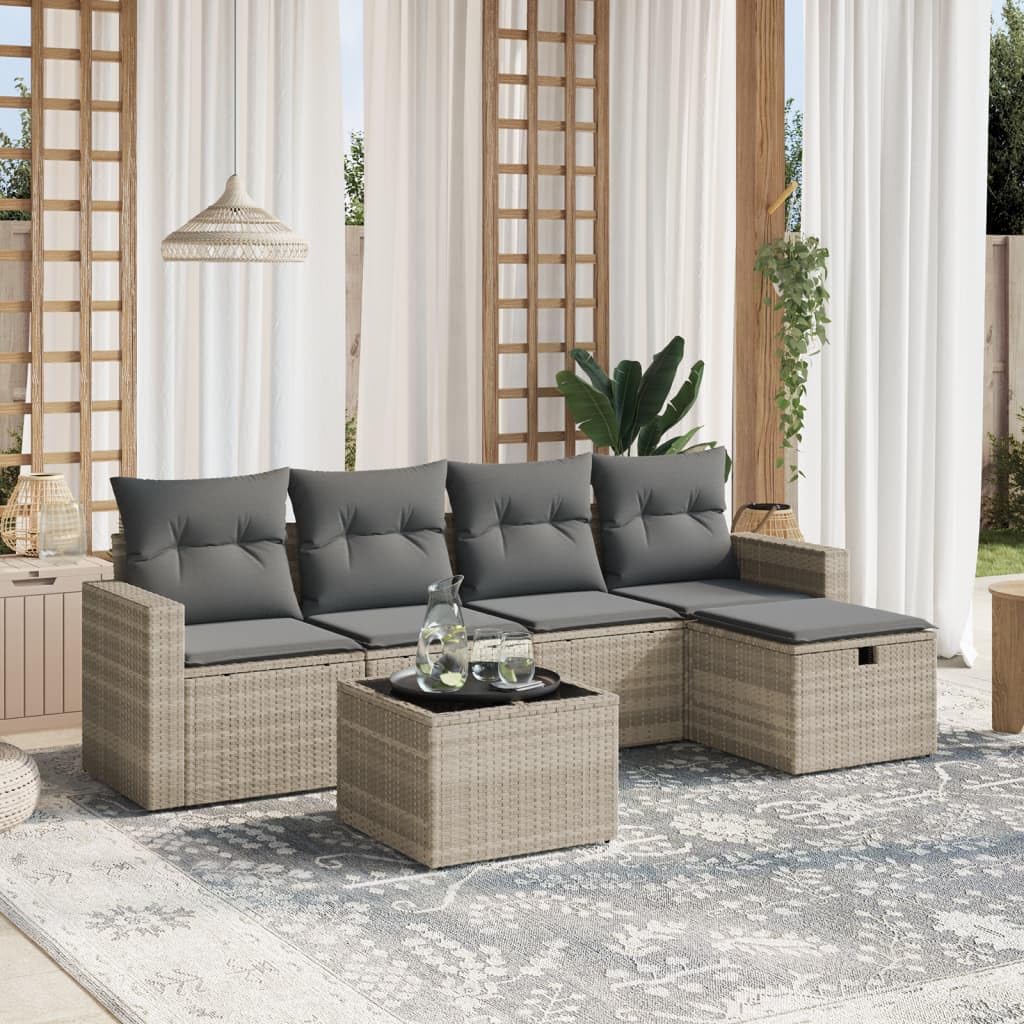Juego de 6 sofás de jardín con cojines gris claro de poliratán, diseño modular con fundas extraíbles y marco de acero estable para terraza. Este juego de sofás de jardín de 6 piezas