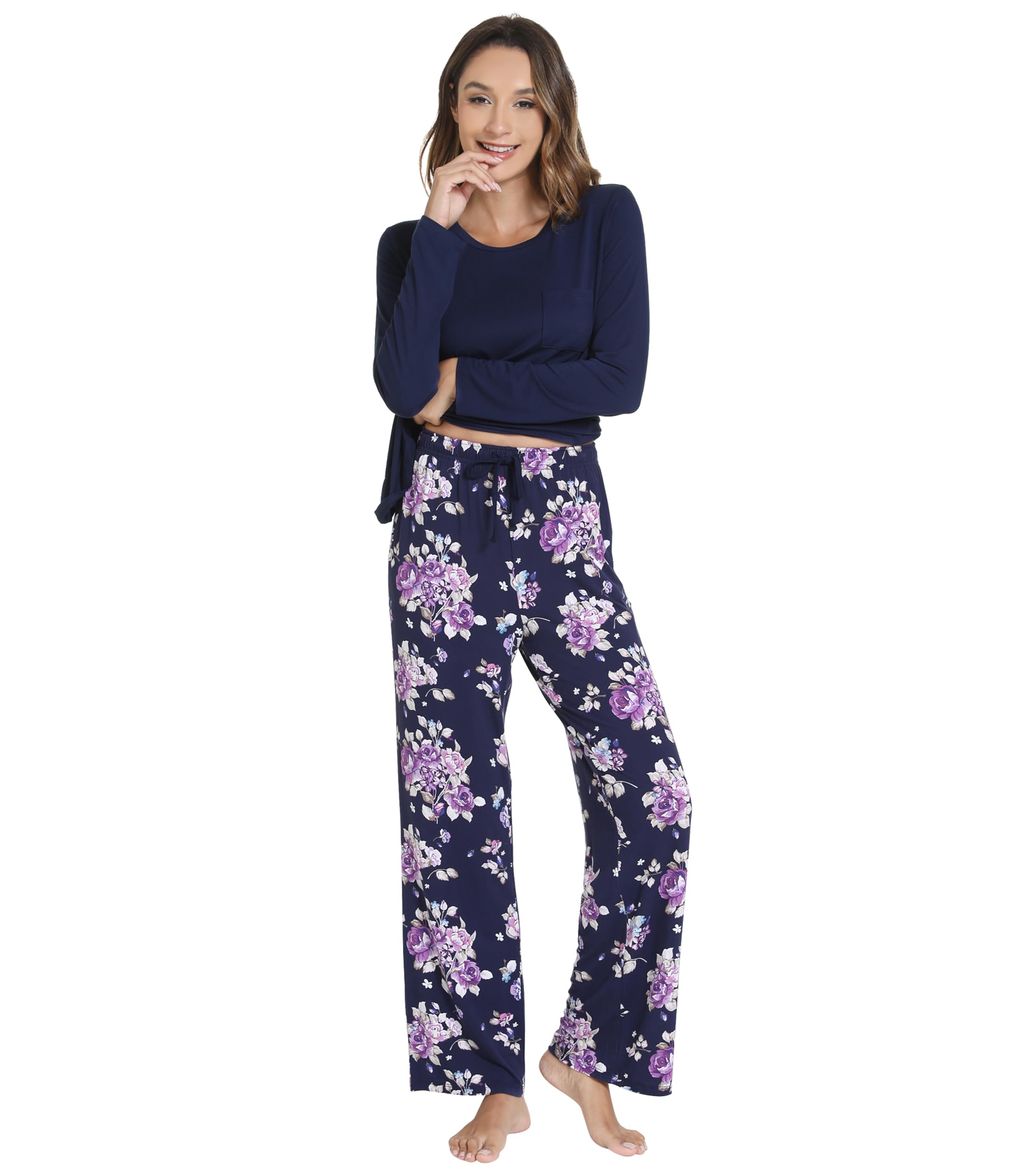 WiWi Bamboo Viscose Pajama Set for Women Super Soft Long Sleeve Top with Pants Loungewear Cooling 2 Piece
