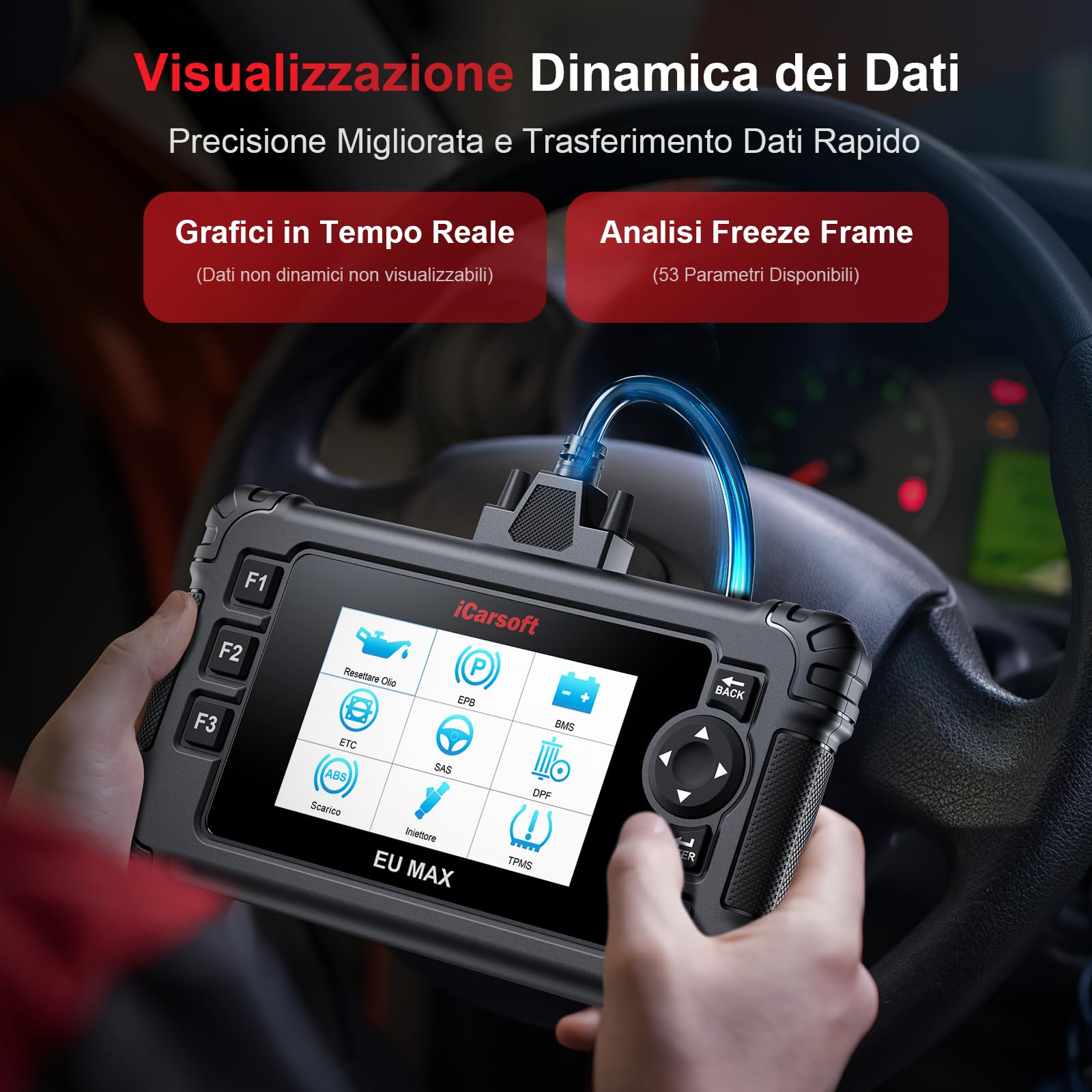 iCarsoft EU MAX OBD2 Auto Diagnostica per Marchi Europei, Diagnosi Auto Professionale in Italiano per Tutti i Sistemi, 48 Funzioni di Ripristino, Test Bidirezionale, Auto VIN, Aggiornamento a Vita