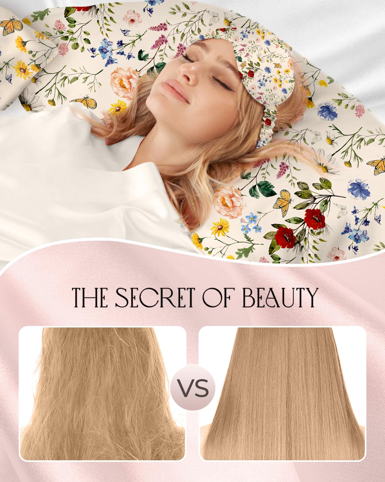 Miss Adola Mulberry 1Pack Silk Pillow Case for Hair and Skin 19 Momme Standard 75 x 50cm Silk Pillowcase with Eye Mask & Scrunchie Soft Pillowcase Sleeping Gift for Women Vintage Flower - Image 3