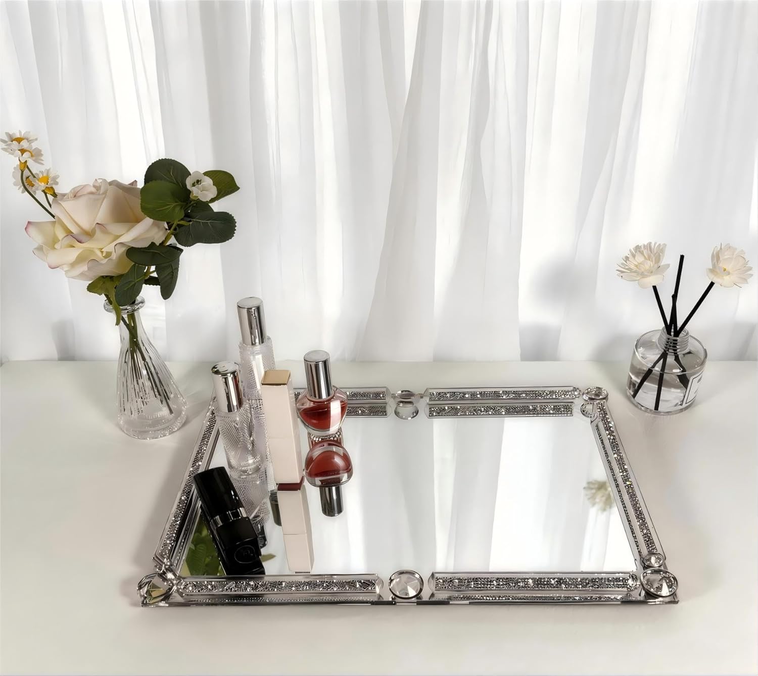 3-in-1 Perfume Crystal Mirror Tray, Luxurious Crushed Diamond Silver Decorative Tray, Non-Slip Desktop Storage Tray, Suitable for Storing Jewelry, Perfumes, and Cosmetics