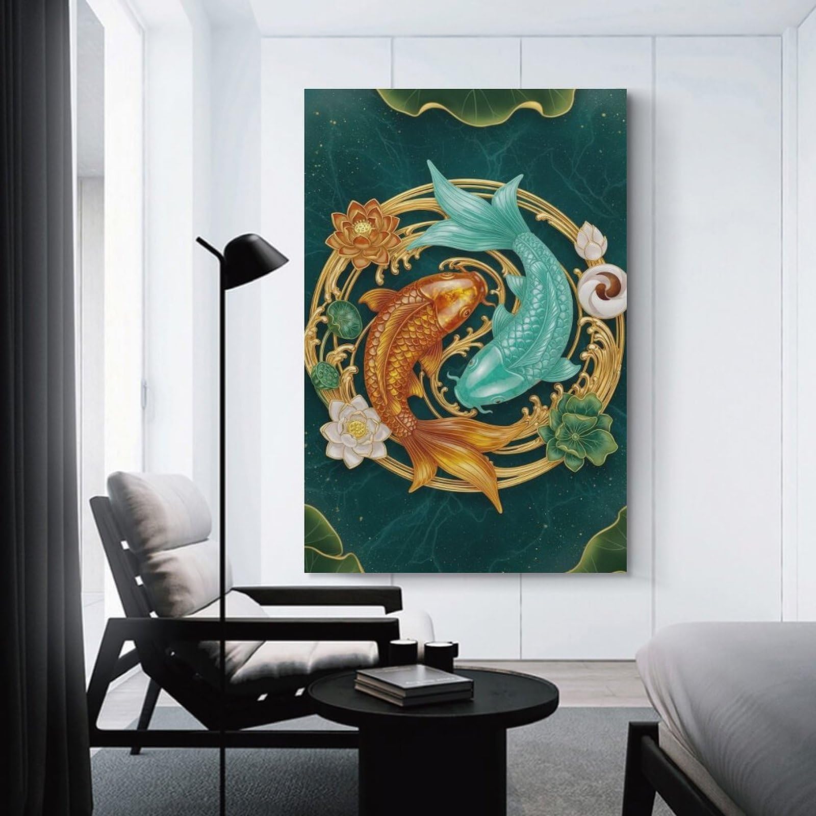 Junmoney Unframe-Style-13 Yin Yang Koi Fish Art Decorative Wall Artwork 24X36inch(60X90cm), For Corridors, Hallways Or Apartment Entries, Home Artwork For First Impressions