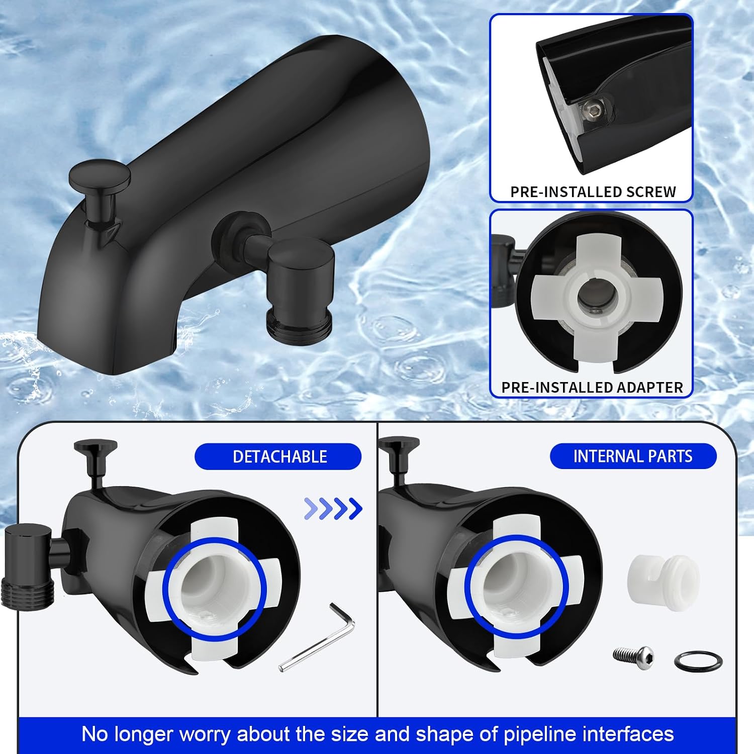 Tub Spout with Diverter,Bathtub Faucet with Shower Diverter,Fits 1/2" or 3/4" Threaded Pipes,Matte Black
