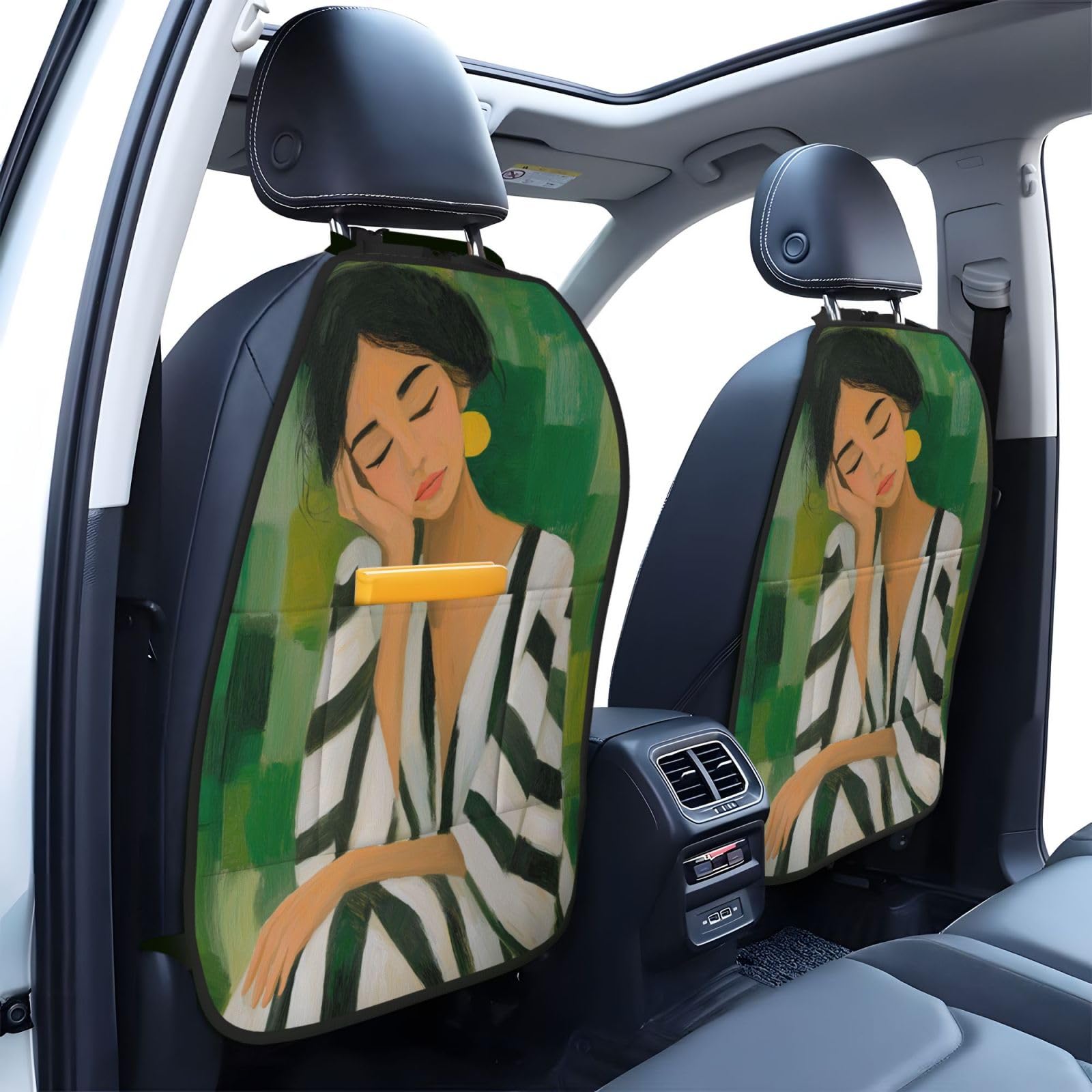 Watercolor Black White Stripes Sleeping Woman Car Seat Back Kick Protectors,2 Pack Kick Mats with Storage Pockets for Vehicles to Protect from Dirt Mud Scratches