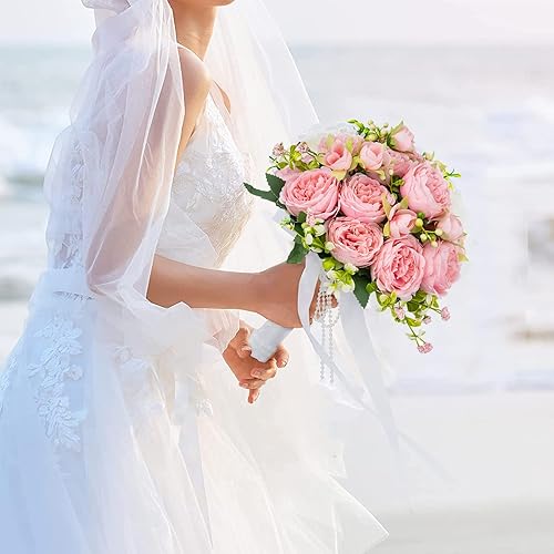 Miniatura 2 de BLOSMON Ramo de peonía de seda, 4 ramos, flores falsas, peonías rosas, flores artificiales para decoración de centros de mesa de boda, ramos