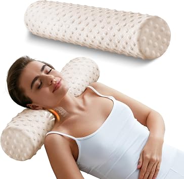 Memory Foam 4" Round Pillow, Cervical Neck Pillow for Pain Relief, Cylinder Pillows 18"x 4", Removable Cover, Neck Roll Pillow for Sleeping, Velvet Dots, Beige