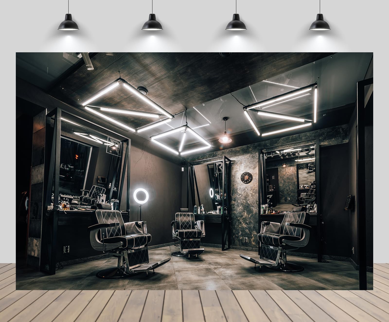 CHNYWORK 10ftx8ft Modern Stylish Barber Shop Backdrop Hairdresser's Workplace Hair Salon Hairstylist Haircut Barber Chair Mirror Black Background