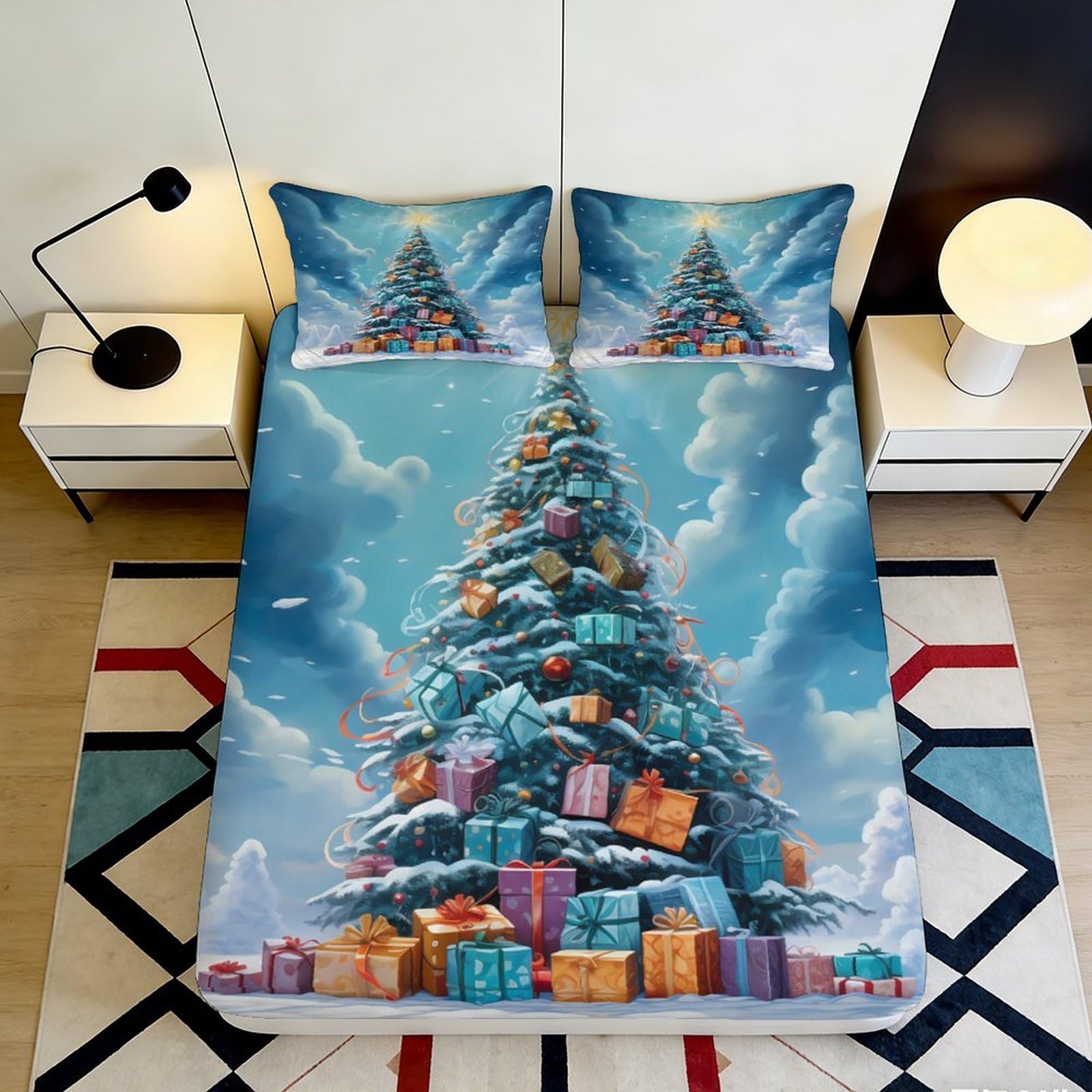 3D Printed Christmas Tree Fitted Sheet Microfiber Winter Mattress Cover for Bedroom Guest Room Decor 90x200x25cm