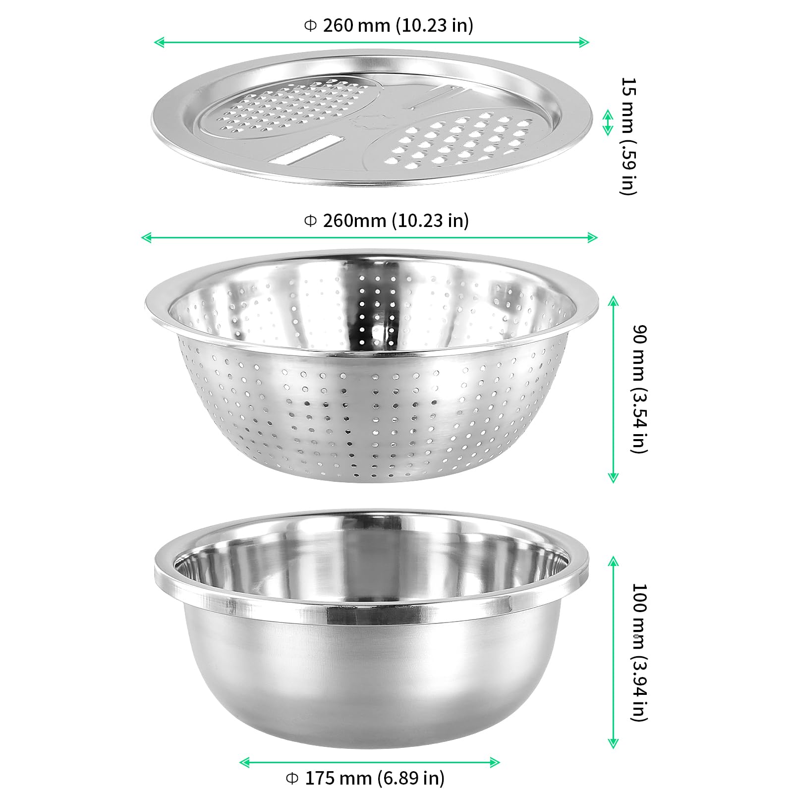 FUNSUEI Set di 3 colino per pasta in acciaio inox, ciotola con grattugia e colino, colino da cucina, colino per insalata, scolapasta in acciaio inox, ciotola per il lavaggio di verdure, frutta,