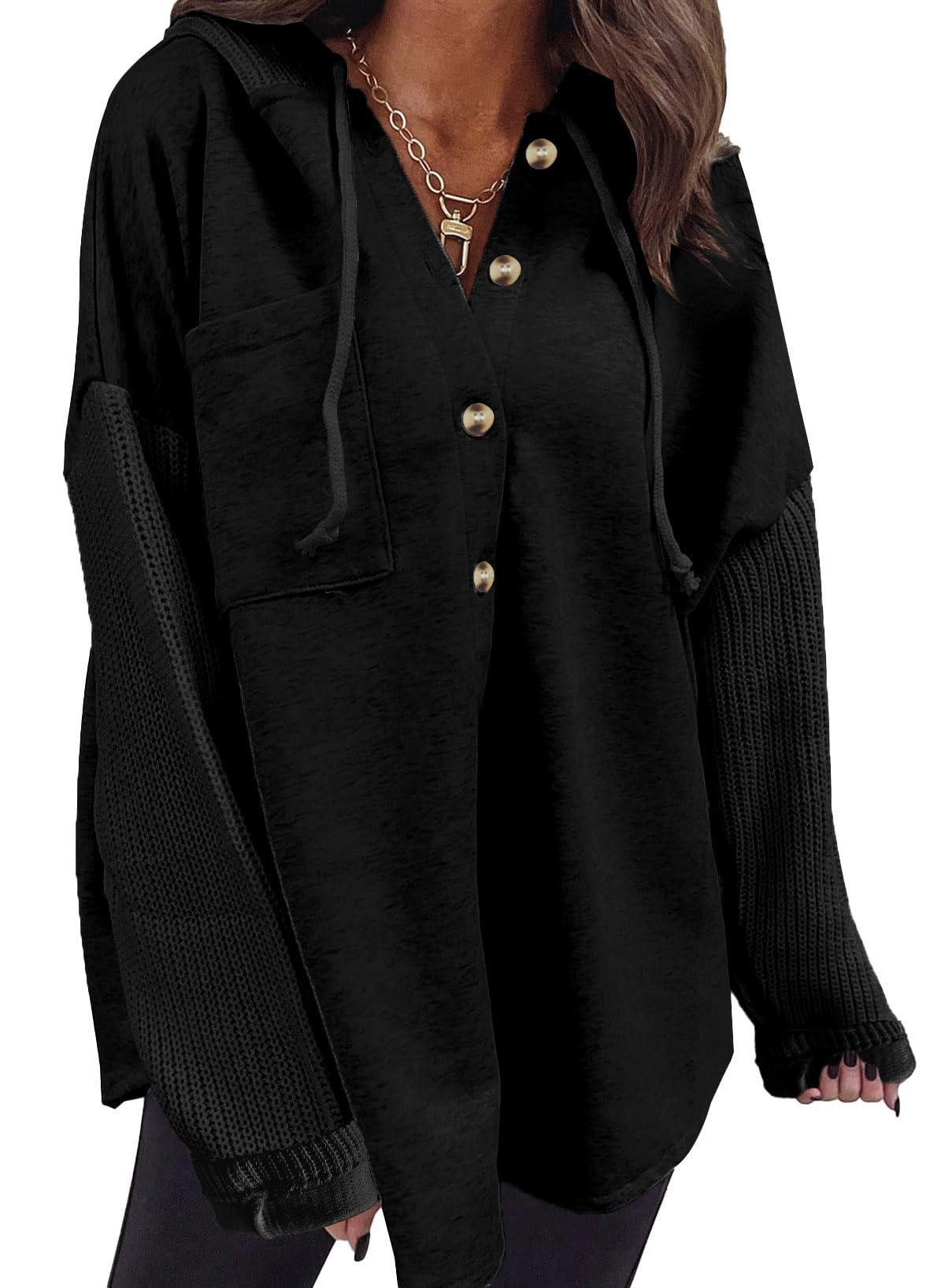 Dokotoo Damen Kapuzenpullover Knopfleiste Oversized Hoodie Pullover Herbst Winter Baumwolle Sweatshirt Jacke Sweatjacke mit Kapuze S-2XL
