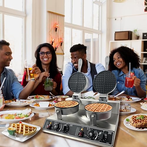 Miniatura 7 de Máquina de gofres de doble cabezal de 2400 W con control de temperatura y tiempo, plancha comercial de acero inoxidable con revestimiento