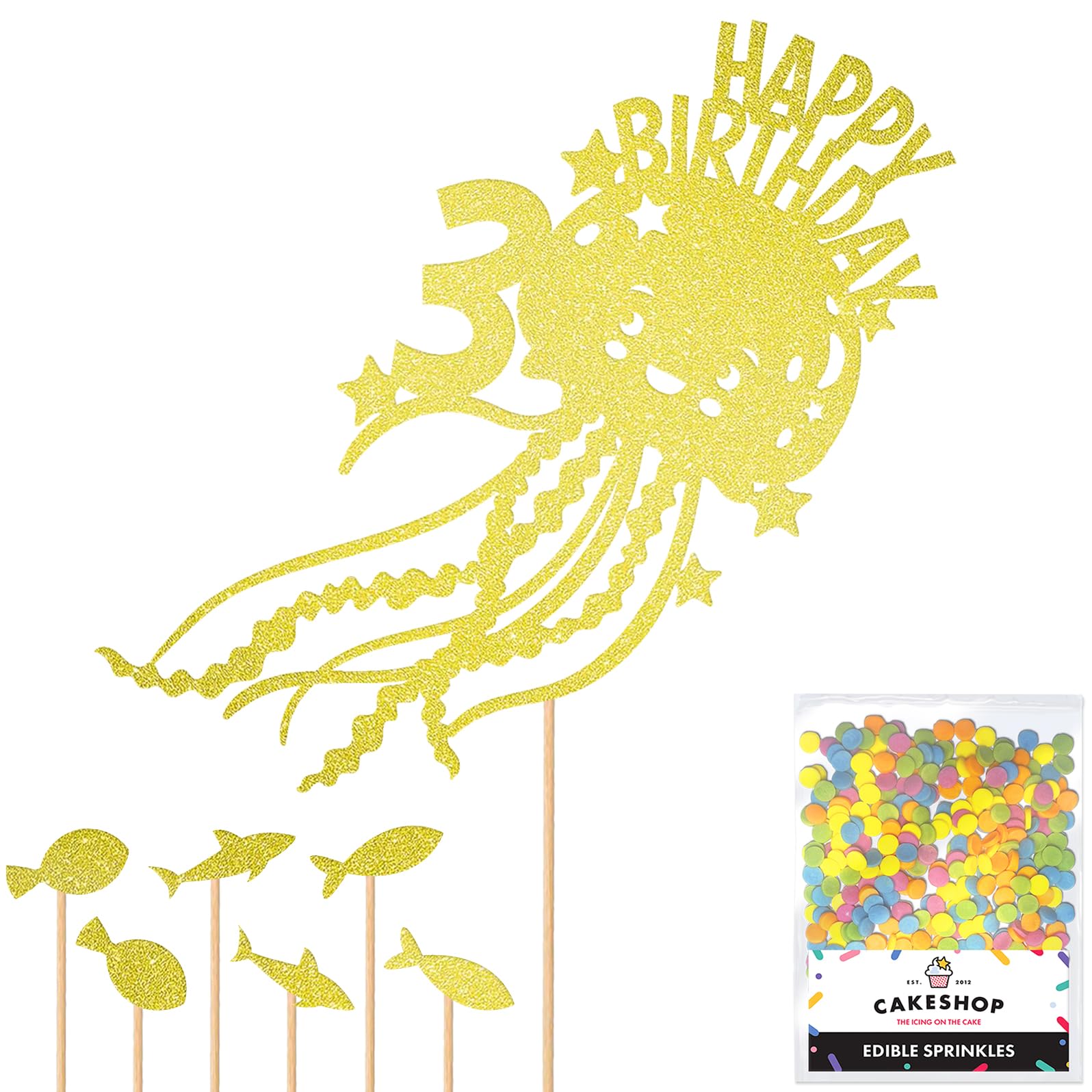 Personalised Birthday Jellyfish Glitter Cake Topper- Champagne Any Custom Name Glitter Cake Decoration and Sprinkles - Happy Birthday Decorations - Personalised Toppers for Cakes by Cakeshop